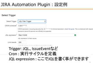 JIRA Automation Plugin：設定例
43
Trigger：JQL、IssueEventなど
Cron : 実行サイクルを定義
JQL expression : ここでJQLを書く事ができます
 