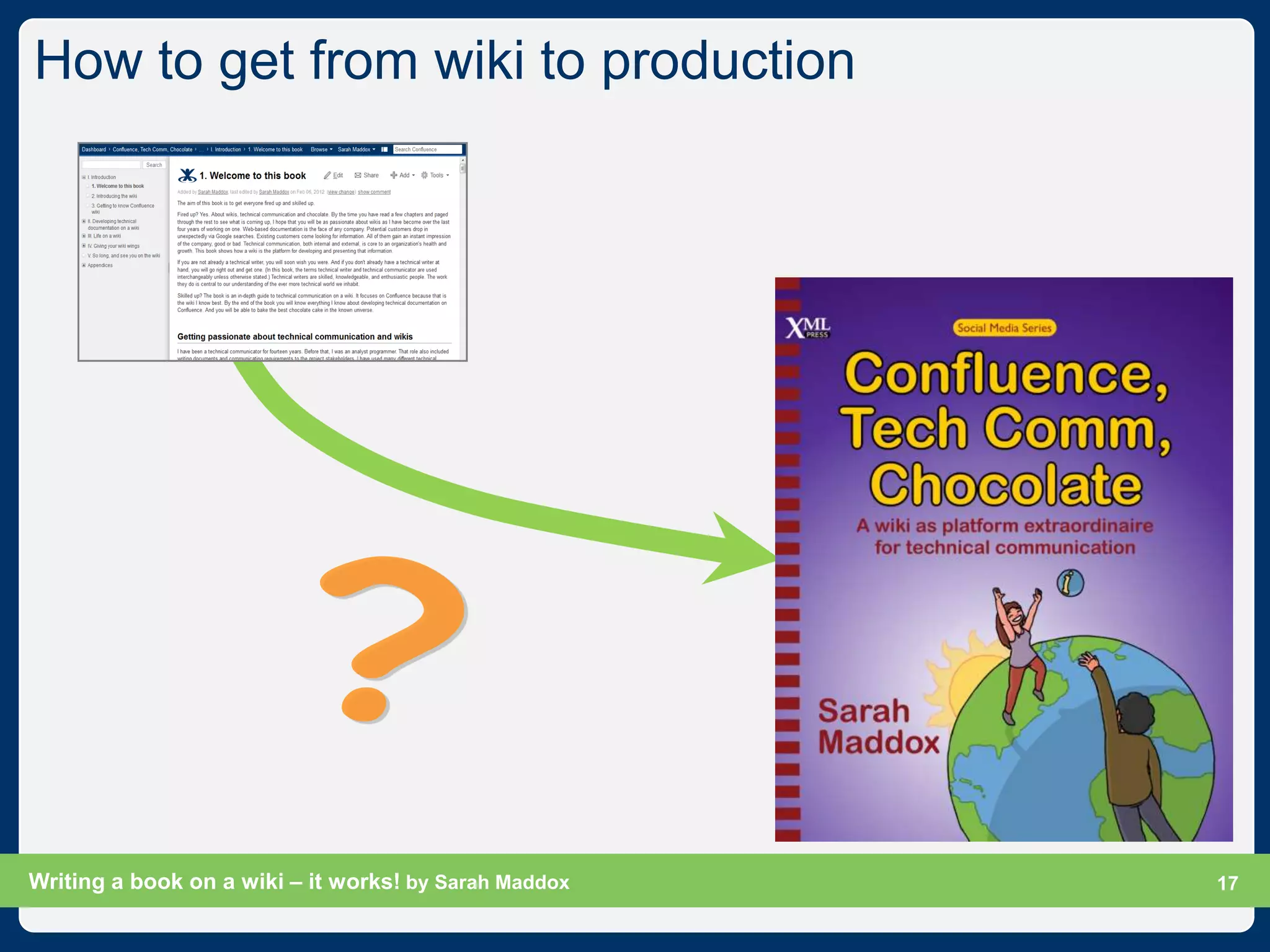 How to get from wiki to production




Writing a book on a wiki – it works! by Sarah Maddox   Slide 17
                                                             17
 