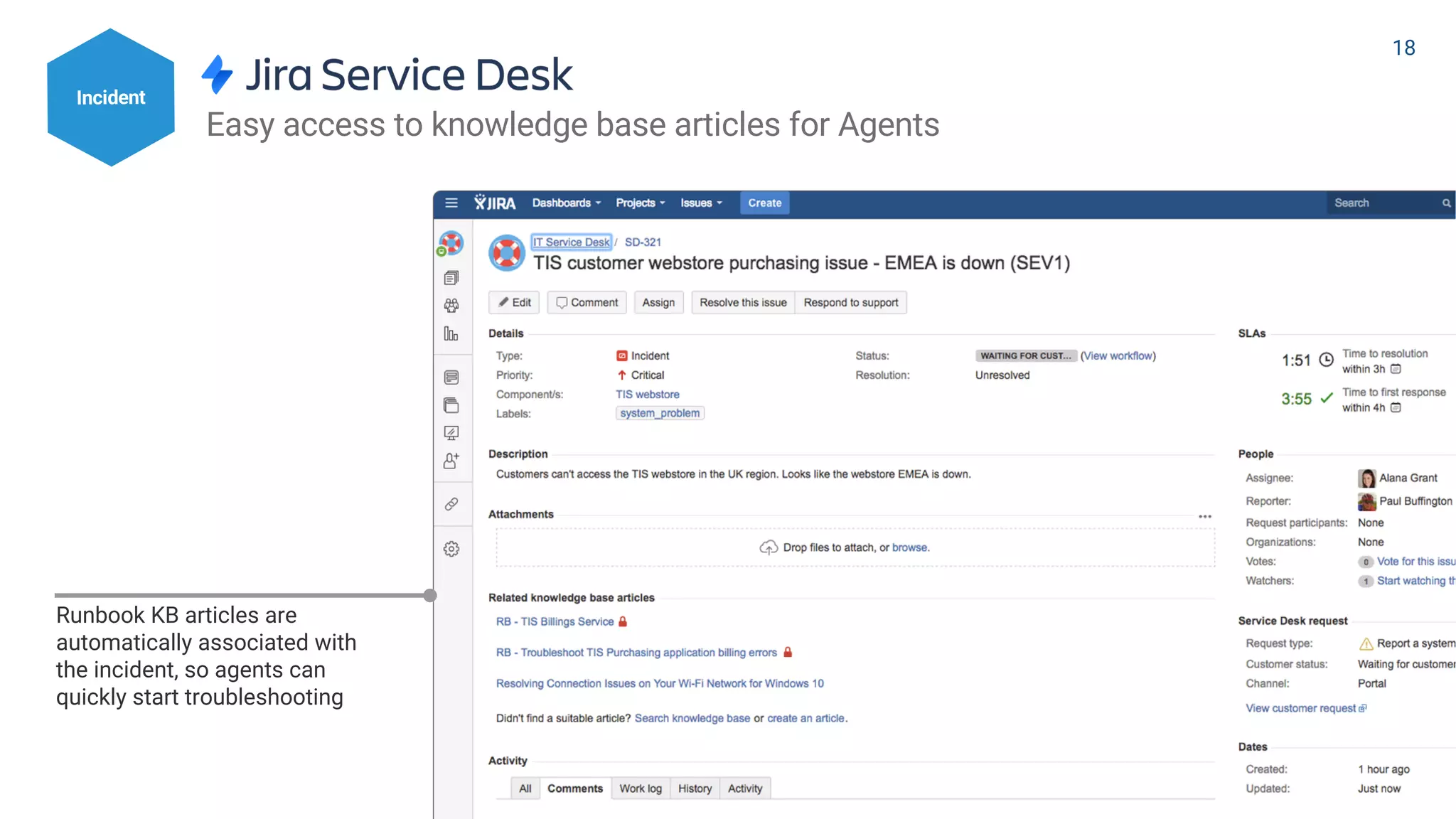 Runbook KB articles are
automatically associated with
the incident, so agents can
quickly start troubleshooting
Easy access to knowledge base articles for Agents
Incident
18
 