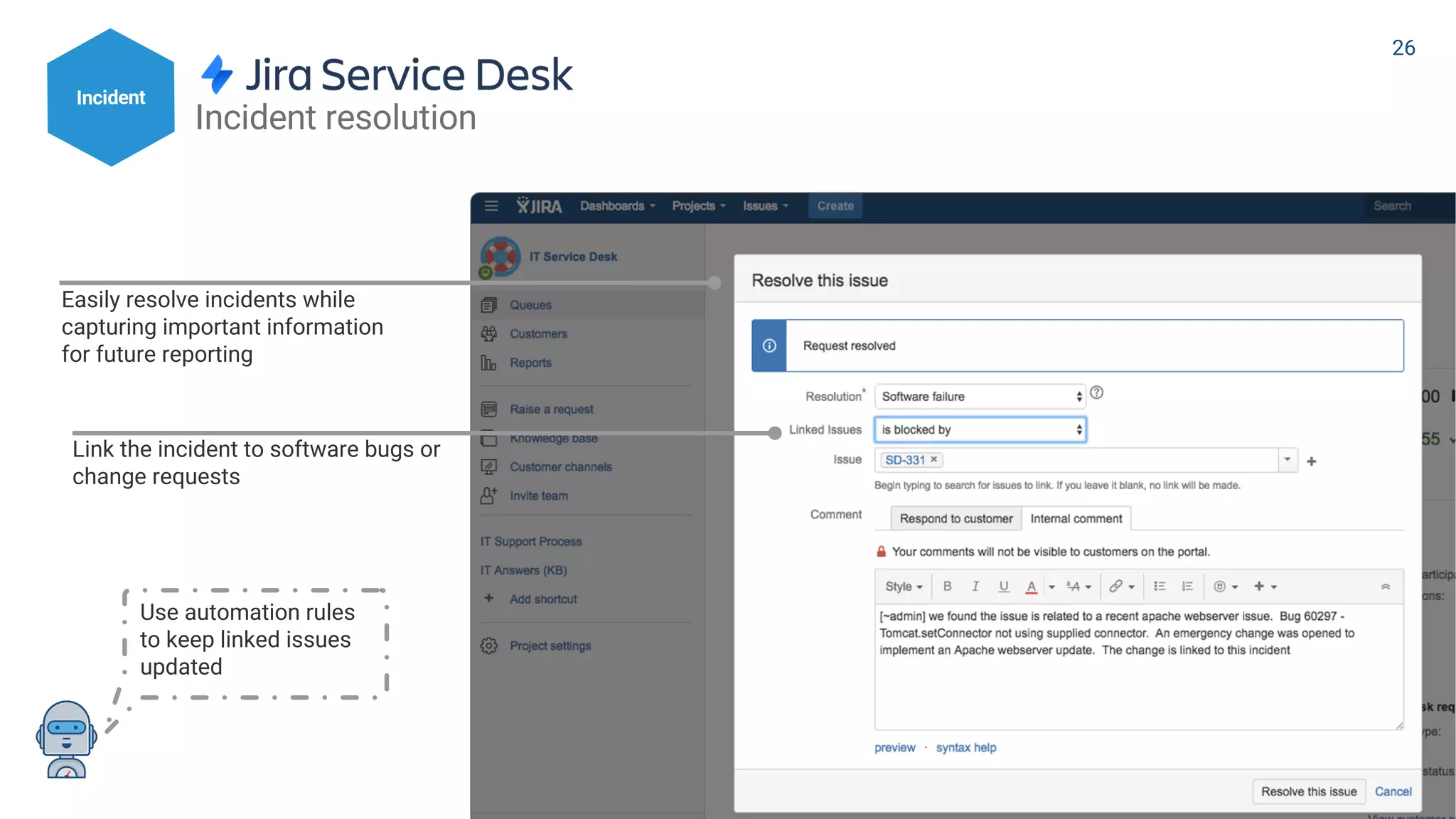 Incident resolution
Easily resolve incidents while
capturing important information
for future reporting
Link the incident to software bugs or
change requests
Use automation rules
to keep linked issues
updated
Incident
26
 