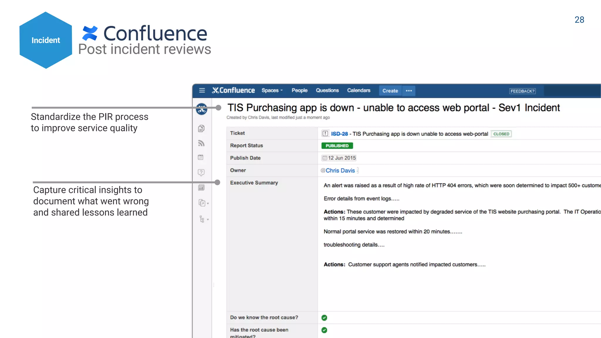 Post incident reviews
Capture critical insights to
document what went wrong
and shared lessons learned
Standardize the PIR process
to improve service quality
Incidet
Incident
28
 