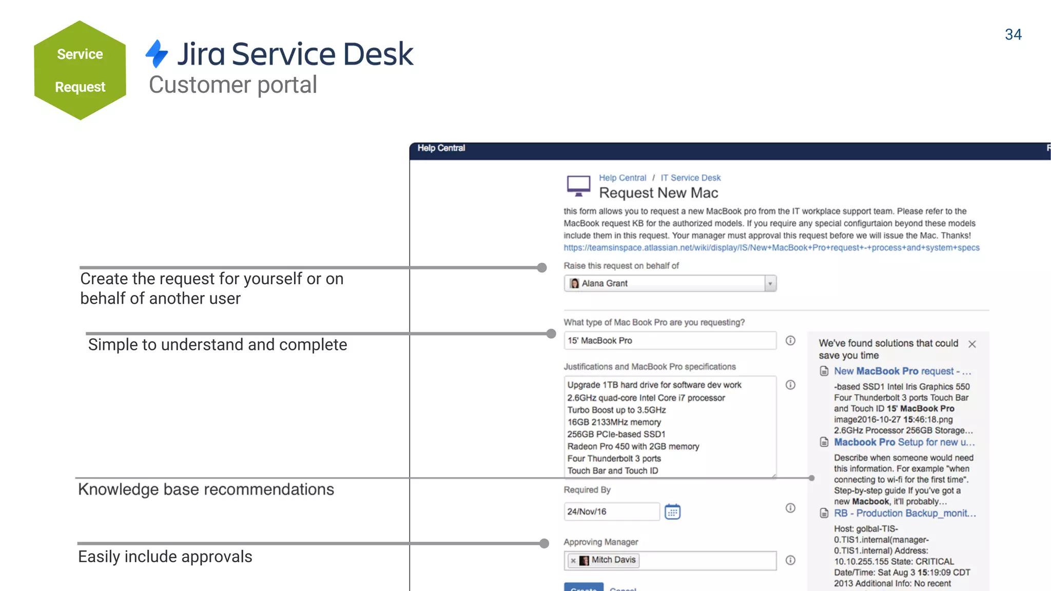 Create the request for yourself or on
behalf of another user
Easily include approvals
Simple to understand and complete
Customer portal
Service
Request
34
 