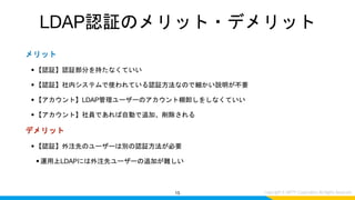 メリット
•【認証】認証部分を持たなくていい
•【認証】社内システムで使われている認証方法なので細かい説明が不要
•【アカウント】LDAP管理ユーザーのアカウント棚卸しをしなくていい
•【アカウント】社員であれば自動で追加、削除される
デメリット
•【認証】外注先のユーザーは別の認証方法が必要
•運用上LDAPには外注先ユーザーの追加が難しい
15
LDAP認証のメリット・デメリット
 