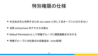 特別権限の仕様
• 外注先の方も利用するため xxx-users に対して全オープンにはできない
• 当然 anonymous のアクセスは禁止
• Default Permissionとして特権グループに閲覧権限を付与する
• 特権グループには社員のみ自動追加（cron処理）
28
 