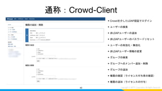 通称：Crowd-Client
• Crowdを介したLDAP認証でログイン
• ユーザーの検索
• 非LDAPユーザーの追加
• 非LDAPユーザーのパスワードリセット
• ユーザーの有効化・無効化
• 非LDAPユーザー情報の変更
• グループの検索
• グループへのメンバー追加・削除
• グループの追加
• 権限の確認（ライセンス付与者の確認）
• 権限の追加（ライセンスの付与）
40
 