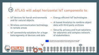 This project has received funding from the European Union’s Horizon 2020
Research and Innovation Programme under Grant Agreement no. 857125.
ATLAS will adapt horizontal IoT components to:
↦ IoT devices for harsh environments
and for natural objects
↦ Wireless communication technology
in remote areas
↦ IoT connectivity solutions for a huge
heterogeneity of devices and data
↦ Energy efficient IoT technologies
↦ AI based Analytics to combine object
data with third party archives
↦ Security, privacy and trust solutions
for adynamic and complex network
of stakeholders
 