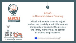 This project has received funding from the European Union’s Horizon 2020
Research and Innovation Programme under Grant Agreement no. 857125.
ATLAS
in Demand-driven Farming
ATLAS will enable farms to adjust
and very accurately predict the volume
and quality of supply by the precise
and timely monitoring and control
of production processes.
 