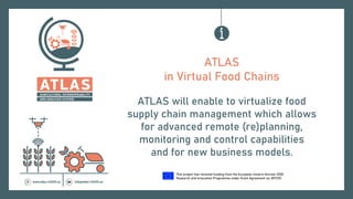 This project has received funding from the European Union’s Horizon 2020
Research and Innovation Programme under Grant Agreement no. 857125.
ATLAS
in Virtual Food Chains
ATLAS will enable to virtualize food
supply chain management which allows
for advanced remote (re)planning,
monitoring and control capabilities
and for new business models.
 