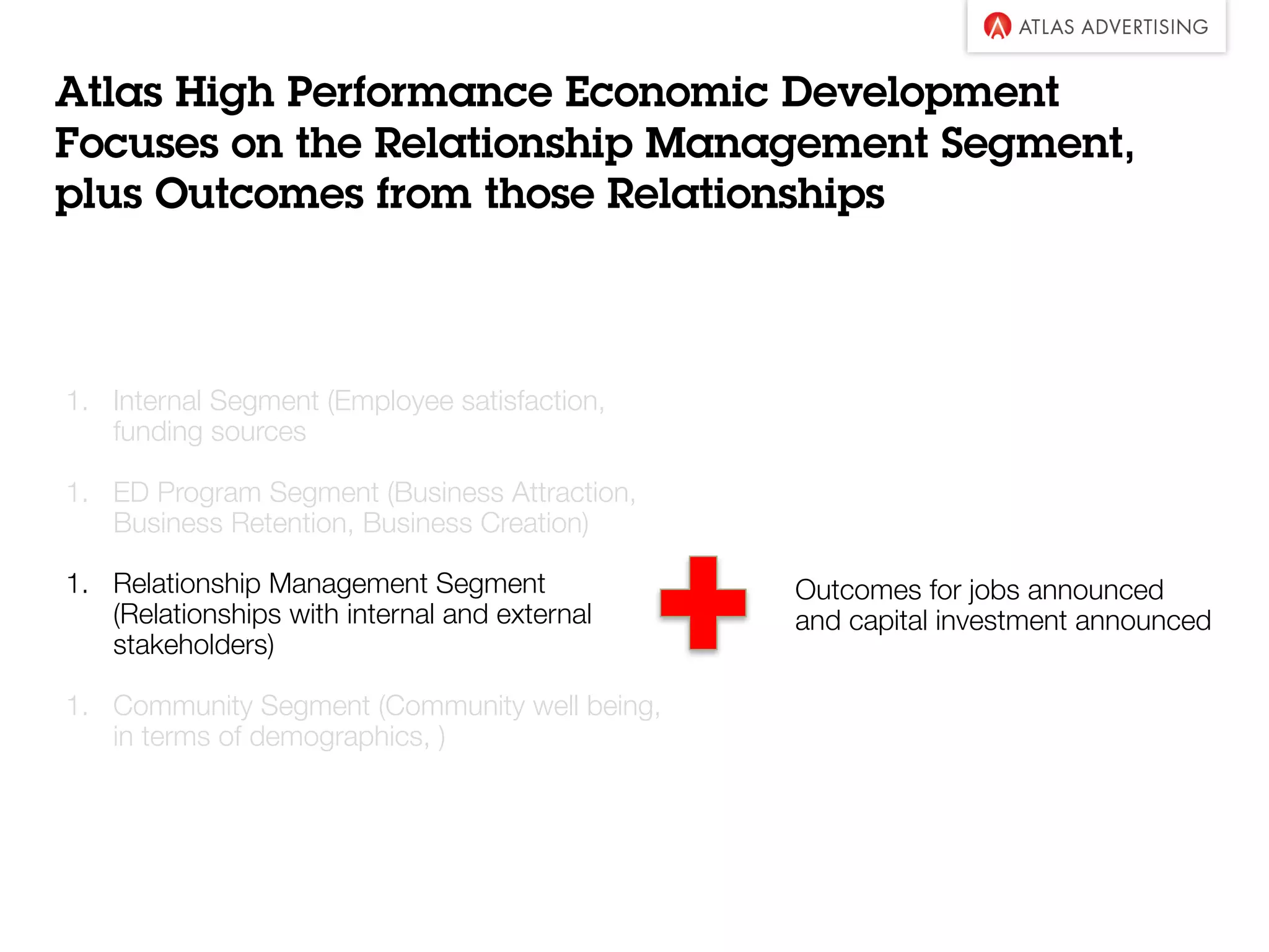 Atlas High Performance Economic Development
Focuses on the Relationship Management Segment,
plus Outcomes from those Relationships
1. Internal Segment (Employee satisfaction,
funding sources
1. ED Program Segment (Business Attraction,
Business Retention, Business Creation)
1. Relationship Management Segment
(Relationships with internal and external
stakeholders)
1. Community Segment (Community well being,
in terms of demographics, )
Outcomes for jobs announced
and capital investment announced
 