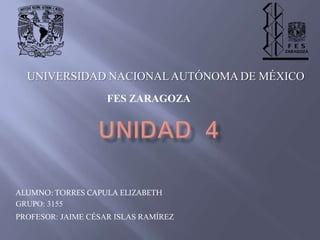 UNIVERSIDAD NACIONAL AUTÓNOMA DE MÉXICO
                    FES ZARAGOZA




ALUMNO: TORRES CAPULA ELIZABETH
GRUPO: 3155
PROFESOR: JAIME CÉSAR ISLAS RAMÍREZ
 