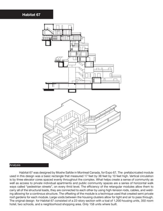 Habitat 67




Analysis

	       Habitat 67 was designed by Moshe Safdie in Montreal Canada, for Expo 67. The prefabcricated module
used in this design was a basic rectangle that measured 17 feet by 38 feet by 10 feet high. Vertical circulation
is by three elevator cores spaced evenly throughout the complex. What helps create a sense of community as
well as access to private individual apartments and public community spaces are a series of horizontal walk
ways called “pedestrian streets”, on every thrid level. The efficiency of the retangular modules allow them to
carry all of the structural loads, they are connected to each other by using high-tension rods, cables, and weld-
ing allowing for a continous structure. The offseting of the module is a technique used that created semi private
roof gardens for each module. Large voids between the housing clusters allow for light and air to pass through.
The original design for Habitat 67 consisted of a 22-story section with a toal of 1,200 housing units, 350 room
hotel, two schools, and a neighborhood shopping area. Only 158 units where built.
 