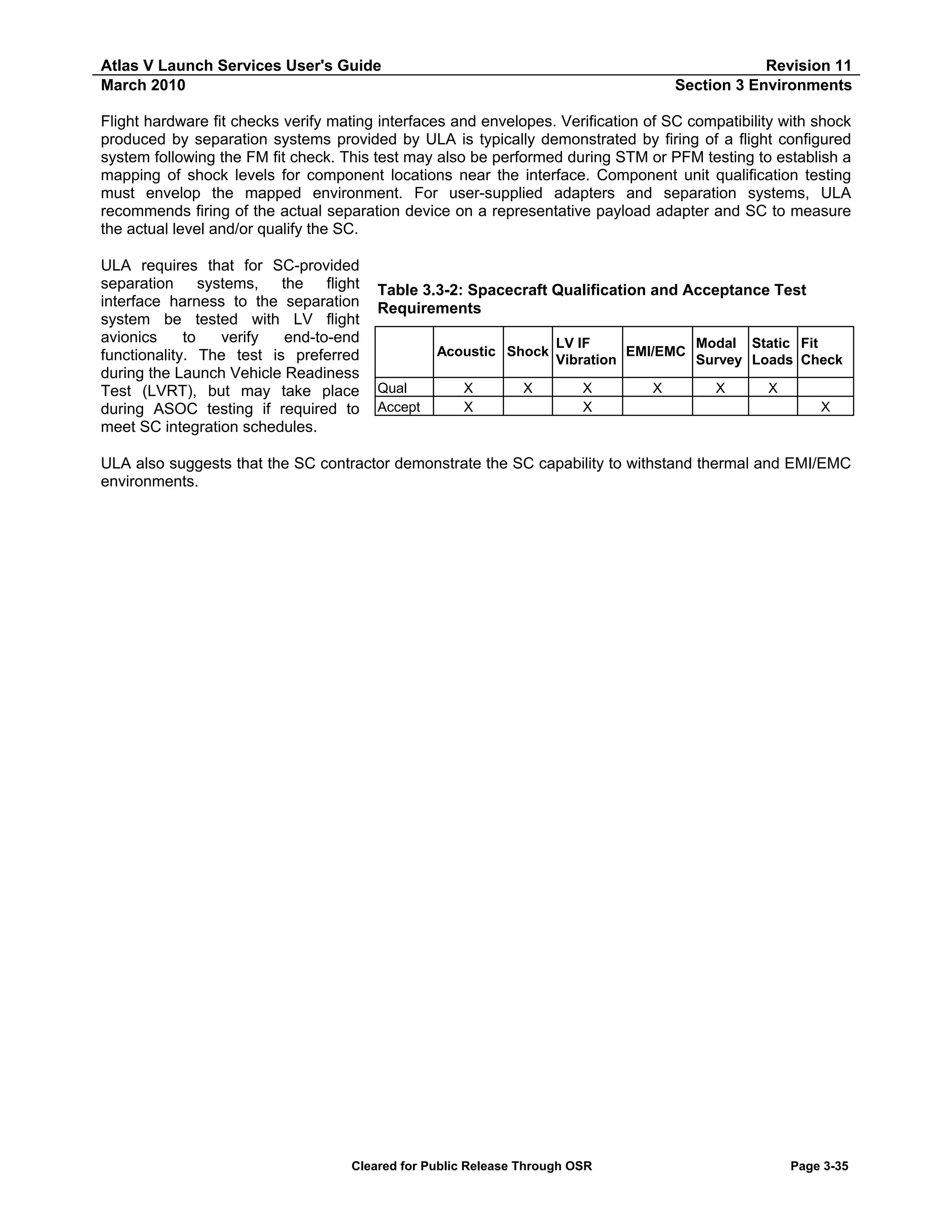 Atlas V Launch Services User's Guide
March 2010

Revision 11
Section 3 Environments

Flight hardware fit checks verify mating interfaces and envelopes. Verification of SC compatibility with shock
produced by separation systems provided by ULA is typically demonstrated by firing of a flight configured
system following the FM fit check. This test may also be performed during STM or PFM testing to establish a
mapping of shock levels for component locations near the interface. Component unit qualification testing
must envelop the mapped environment. For user-supplied adapters and separation systems, ULA
recommends firing of the actual separation device on a representative payload adapter and SC to measure
the actual level and/or qualify the SC.
ULA requires that for SC-provided
separation systems, the flight
interface harness to the separation
system be tested with LV flight
avionics
to
verify
end-to-end
functionality. The test is preferred
during the Launch Vehicle Readiness
Test (LVRT), but may take place
during ASOC testing if required to
meet SC integration schedules.

Table 3.3-2: Spacecraft Qualification and Acceptance Test
Requirements
Acoustic Shock
Qual
Accept

X
X

X

LV IF
Modal Static Fit
EMI/EMC
Vibration
Survey Loads Check
X
X

X

X

X
X

ULA also suggests that the SC contractor demonstrate the SC capability to withstand thermal and EMI/EMC
environments.

Cleared for Public Release Through OSR

Page 3-35

 