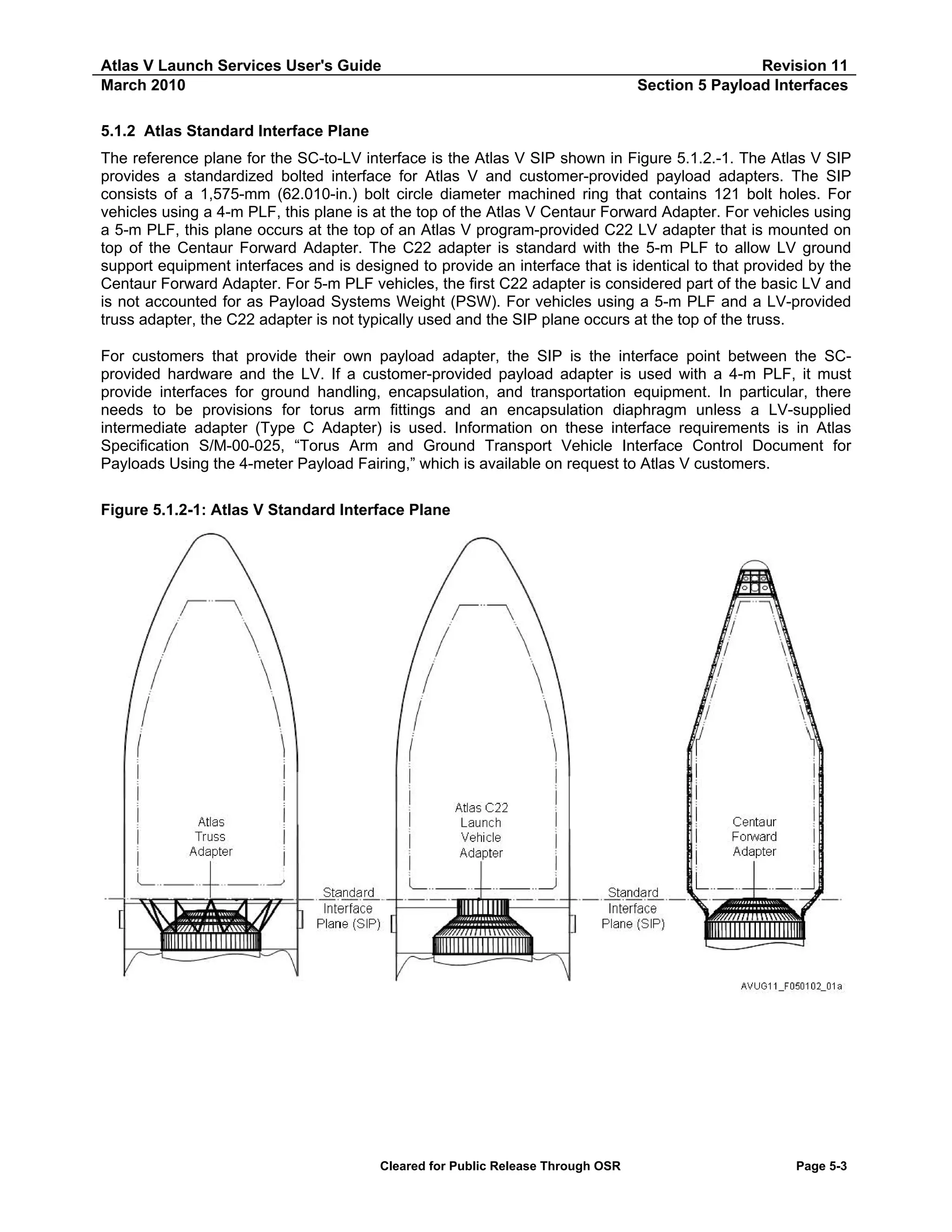 Atlas V Launch Services User's Guide
March 2010

Revision 11
Section 5 Payload Interfaces

5.1.2 Atlas Standard Interface Plane
The reference plane for the SC-to-LV interface is the Atlas V SIP shown in Figure 5.1.2.-1. The Atlas V SIP
provides a standardized bolted interface for Atlas V and customer-provided payload adapters. The SIP
consists of a 1,575-mm (62.010-in.) bolt circle diameter machined ring that contains 121 bolt holes. For
vehicles using a 4-m PLF, this plane is at the top of the Atlas V Centaur Forward Adapter. For vehicles using
a 5-m PLF, this plane occurs at the top of an Atlas V program-provided C22 LV adapter that is mounted on
top of the Centaur Forward Adapter. The C22 adapter is standard with the 5-m PLF to allow LV ground
support equipment interfaces and is designed to provide an interface that is identical to that provided by the
Centaur Forward Adapter. For 5-m PLF vehicles, the first C22 adapter is considered part of the basic LV and
is not accounted for as Payload Systems Weight (PSW). For vehicles using a 5-m PLF and a LV-provided
truss adapter, the C22 adapter is not typically used and the SIP plane occurs at the top of the truss.
For customers that provide their own payload adapter, the SIP is the interface point between the SCprovided hardware and the LV. If a customer-provided payload adapter is used with a 4-m PLF, it must
provide interfaces for ground handling, encapsulation, and transportation equipment. In particular, there
needs to be provisions for torus arm fittings and an encapsulation diaphragm unless a LV-supplied
intermediate adapter (Type C Adapter) is used. Information on these interface requirements is in Atlas
Specification S/M-00-025, “Torus Arm and Ground Transport Vehicle Interface Control Document for
Payloads Using the 4-meter Payload Fairing,” which is available on request to Atlas V customers.
Figure 5.1.2-1: Atlas V Standard Interface Plane

Cleared for Public Release Through OSR

Page 5-3

 