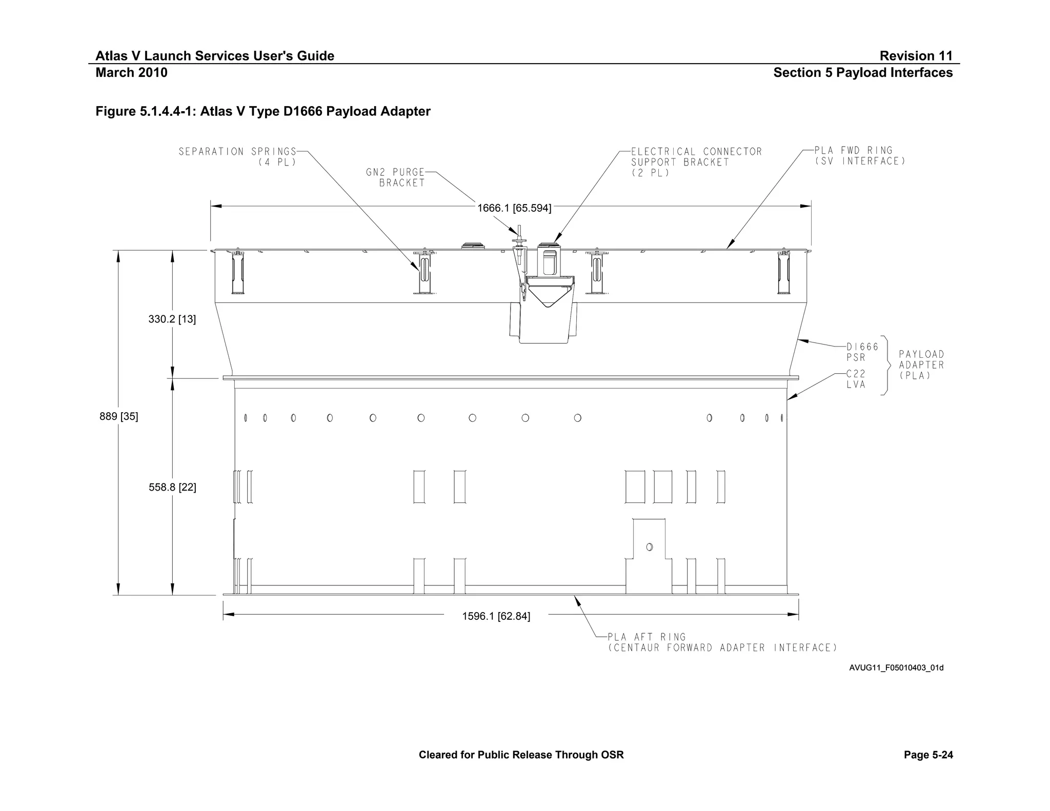 Atlas V Launch Services User's Guide
March 2010

Revision 11
Section 5 Payload Interfaces

Figure 5.1.4.4-1: Atlas V Type D1666 Payload Adapter

1666.1 [65.594]

330.2 [13]

889 [35]

558.8 [22]

1596.1 [62.84]

AVUG11_F05010403_01d

Cleared for Public Release Through OSR

Page 5-24

 