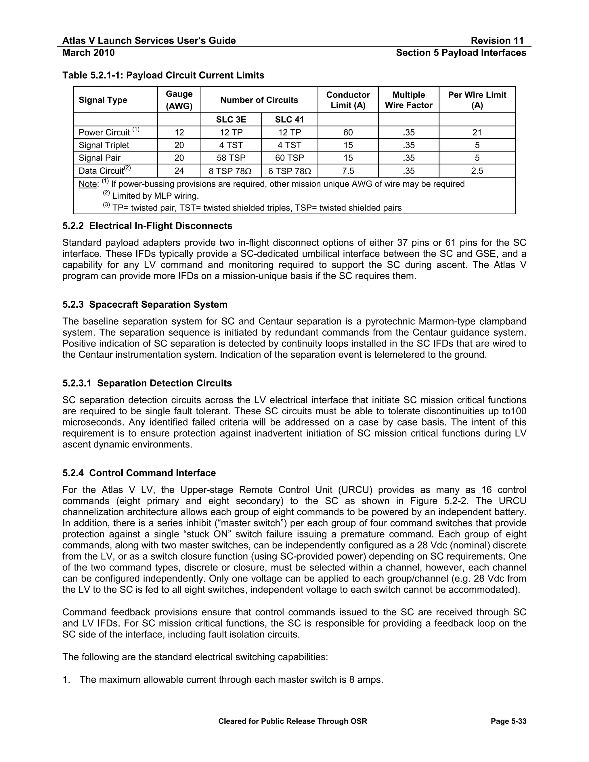 Atlas V Launch Services User's Guide
March 2010

Revision 11
Section 5 Payload Interfaces

Table 5.2.1-1: Payload Circuit Current Limits
Gauge
(AWG)

Signal Type

Power Circuit
Signal Triplet
Signal Pair
Data Circuit(2)

(1)

12
20
20
24

Number of Circuits
SLC 3E
12 TP
4 TST
58 TSP

Conductor
Limit (A)

Multiple
Wire Factor

Per Wire Limit
(A)

60
15
15
7.5

.35
.35
.35
.35

21
5
5
2.5

SLC 41
12 TP
4 TST
60 TSP

8 TSP 78Ω
6 TSP 78Ω
Note: (1) If power-bussing provisions are required, other mission unique AWG of wire may be required
(2)
Limited by MLP wiring.
(3)
TP= twisted pair, TST= twisted shielded triples, TSP= twisted shielded pairs

5.2.2 Electrical In-Flight Disconnects
Standard payload adapters provide two in-flight disconnect options of either 37 pins or 61 pins for the SC
interface. These IFDs typically provide a SC-dedicated umbilical interface between the SC and GSE, and a
capability for any LV command and monitoring required to support the SC during ascent. The Atlas V
program can provide more IFDs on a mission-unique basis if the SC requires them.
5.2.3 Spacecraft Separation System
The baseline separation system for SC and Centaur separation is a pyrotechnic Marmon-type clampband
system. The separation sequence is initiated by redundant commands from the Centaur guidance system.
Positive indication of SC separation is detected by continuity loops installed in the SC IFDs that are wired to
the Centaur instrumentation system. Indication of the separation event is telemetered to the ground.
5.2.3.1 Separation Detection Circuits
SC separation detection circuits across the LV electrical interface that initiate SC mission critical functions
are required to be single fault tolerant. These SC circuits must be able to tolerate discontinuities up to100
microseconds. Any identified failed criteria will be addressed on a case by case basis. The intent of this
requirement is to ensure protection against inadvertent initiation of SC mission critical functions during LV
ascent dynamic environments.
5.2.4 Control Command Interface
For the Atlas V LV, the Upper-stage Remote Control Unit (URCU) provides as many as 16 control
commands (eight primary and eight secondary) to the SC as shown in Figure 5.2-2. The URCU
channelization architecture allows each group of eight commands to be powered by an independent battery.
In addition, there is a series inhibit (“master switch”) per each group of four command switches that provide
protection against a single “stuck ON” switch failure issuing a premature command. Each group of eight
commands, along with two master switches, can be independently configured as a 28 Vdc (nominal) discrete
from the LV, or as a switch closure function (using SC-provided power) depending on SC requirements. One
of the two command types, discrete or closure, must be selected within a channel, however, each channel
can be configured independently. Only one voltage can be applied to each group/channel (e.g. 28 Vdc from
the LV to the SC is fed to all eight switches, independent voltage to each switch cannot be accommodated).
Command feedback provisions ensure that control commands issued to the SC are received through SC
and LV IFDs. For SC mission critical functions, the SC is responsible for providing a feedback loop on the
SC side of the interface, including fault isolation circuits.
The following are the standard electrical switching capabilities:
1. The maximum allowable current through each master switch is 8 amps.

Cleared for Public Release Through OSR

Page 5-33

 