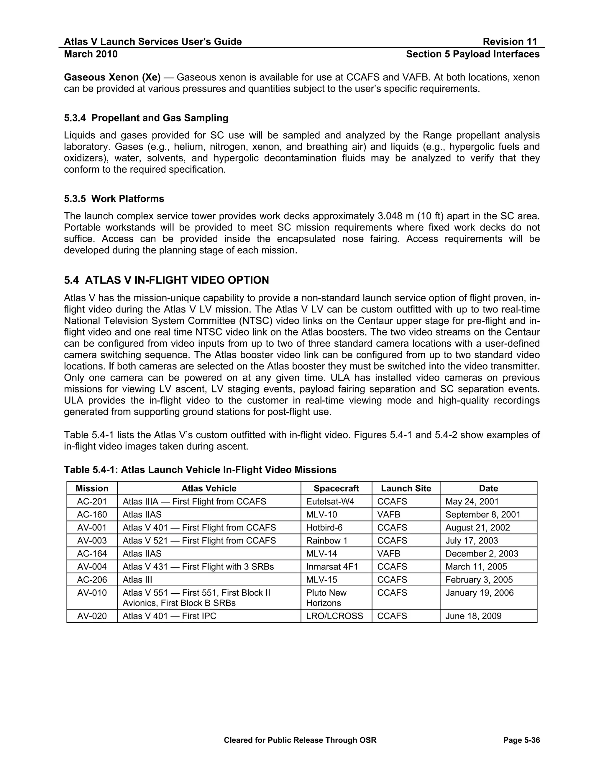 Atlas V Launch Services User's Guide
March 2010

Revision 11
Section 5 Payload Interfaces

Gaseous Xenon (Xe) — Gaseous xenon is available for use at CCAFS and VAFB. At both locations, xenon
can be provided at various pressures and quantities subject to the user’s specific requirements.
5.3.4 Propellant and Gas Sampling
Liquids and gases provided for SC use will be sampled and analyzed by the Range propellant analysis
laboratory. Gases (e.g., helium, nitrogen, xenon, and breathing air) and liquids (e.g., hypergolic fuels and
oxidizers), water, solvents, and hypergolic decontamination fluids may be analyzed to verify that they
conform to the required specification.
5.3.5 Work Platforms
The launch complex service tower provides work decks approximately 3.048 m (10 ft) apart in the SC area.
Portable workstands will be provided to meet SC mission requirements where fixed work decks do not
suffice. Access can be provided inside the encapsulated nose fairing. Access requirements will be
developed during the planning stage of each mission.

5.4 ATLAS V IN-FLIGHT VIDEO OPTION
Atlas V has the mission-unique capability to provide a non-standard launch service option of flight proven, inflight video during the Atlas V LV mission. The Atlas V LV can be custom outfitted with up to two real-time
National Television System Committee (NTSC) video links on the Centaur upper stage for pre-flight and inflight video and one real time NTSC video link on the Atlas boosters. The two video streams on the Centaur
can be configured from video inputs from up to two of three standard camera locations with a user-defined
camera switching sequence. The Atlas booster video link can be configured from up to two standard video
locations. If both cameras are selected on the Atlas booster they must be switched into the video transmitter.
Only one camera can be powered on at any given time. ULA has installed video cameras on previous
missions for viewing LV ascent, LV staging events, payload fairing separation and SC separation events.
ULA provides the in-flight video to the customer in real-time viewing mode and high-quality recordings
generated from supporting ground stations for post-flight use.
Table 5.4-1 lists the Atlas V’s custom outfitted with in-flight video. Figures 5.4-1 and 5.4-2 show examples of
in-flight video images taken during ascent.
Table 5.4-1: Atlas Launch Vehicle In-Flight Video Missions
Mission
AC-201
AC-160
AV-001
AV-003
AC-164
AV-004
AC-206
AV-010
AV-020

Atlas Vehicle
Atlas IIIA — First Flight from CCAFS
Atlas IIAS
Atlas V 401 — First Flight from CCAFS
Atlas V 521 — First Flight from CCAFS
Atlas IIAS
Atlas V 431 — First Flight with 3 SRBs
Atlas III
Atlas V 551 — First 551, First Block II
Avionics, First Block B SRBs
Atlas V 401 — First IPC

Spacecraft
Eutelsat-W4
MLV-10
Hotbird-6
Rainbow 1
MLV-14
Inmarsat 4F1
MLV-15
Pluto New
Horizons
LRO/LCROSS

Cleared for Public Release Through OSR

Launch Site
CCAFS
VAFB
CCAFS
CCAFS
VAFB
CCAFS
CCAFS
CCAFS

Date
May 24, 2001
September 8, 2001
August 21, 2002
July 17, 2003
December 2, 2003
March 11, 2005
February 3, 2005
January 19, 2006

CCAFS

June 18, 2009

Page 5-36

 