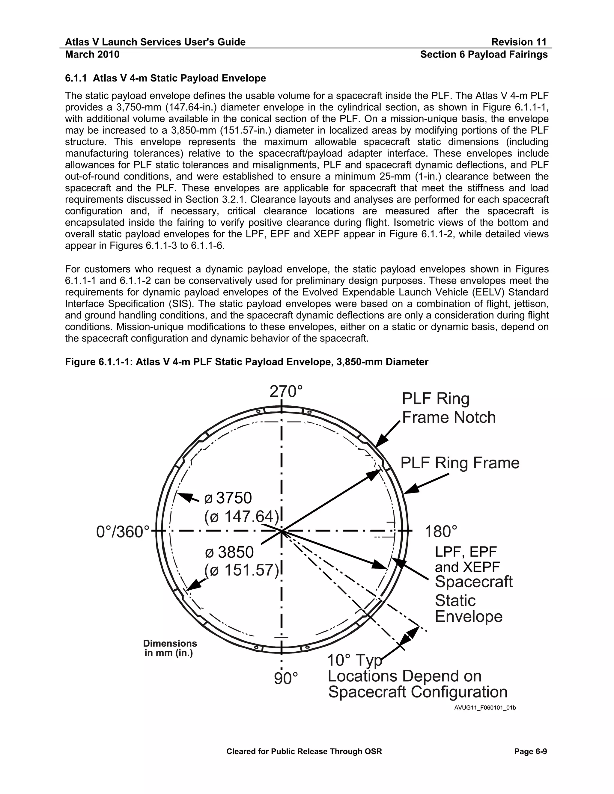 Atlas V Launch Services User's Guide
March 2010

Revision 11
Section 6 Payload Fairings

6.1.1 Atlas V 4-m Static Payload Envelope
The static payload envelope defines the usable volume for a spacecraft inside the PLF. The Atlas V 4-m PLF
provides a 3,750-mm (147.64-in.) diameter envelope in the cylindrical section, as shown in Figure 6.1.1-1,
with additional volume available in the conical section of the PLF. On a mission-unique basis, the envelope
may be increased to a 3,850-mm (151.57-in.) diameter in localized areas by modifying portions of the PLF
structure. This envelope represents the maximum allowable spacecraft static dimensions (including
manufacturing tolerances) relative to the spacecraft/payload adapter interface. These envelopes include
allowances for PLF static tolerances and misalignments, PLF and spacecraft dynamic deflections, and PLF
out-of-round conditions, and were established to ensure a minimum 25-mm (1-in.) clearance between the
spacecraft and the PLF. These envelopes are applicable for spacecraft that meet the stiffness and load
requirements discussed in Section 3.2.1. Clearance layouts and analyses are performed for each spacecraft
configuration and, if necessary, critical clearance locations are measured after the spacecraft is
encapsulated inside the fairing to verify positive clearance during flight. Isometric views of the bottom and
overall static payload envelopes for the LPF, EPF and XEPF appear in Figure 6.1.1-2, while detailed views
appear in Figures 6.1.1-3 to 6.1.1-6.
For customers who request a dynamic payload envelope, the static payload envelopes shown in Figures
6.1.1-1 and 6.1.1-2 can be conservatively used for preliminary design purposes. These envelopes meet the
requirements for dynamic payload envelopes of the Evolved Expendable Launch Vehicle (EELV) Standard
Interface Specification (SIS). The static payload envelopes were based on a combination of flight, jettison,
and ground handling conditions, and the spacecraft dynamic deflections are only a consideration during flight
conditions. Mission-unique modifications to these envelopes, either on a static or dynamic basis, depend on
the spacecraft configuration and dynamic behavior of the spacecraft.
Figure 6.1.1-1: Atlas V 4-m PLF Static Payload Envelope, 3,850-mm Diameter

270°

PLF Ring
Frame Notch
PLF Ring Frame

ø 3750
3,750
(ø 147.64)

180°

0°/360°
ø 3850
3,850
(ø 151.57)

Dimensions
in mm (in.)

90°

LPF, EPF
LPF or EPF
and XEPF

Spacecraft
Static
Envelope
10° Typ
Locations Depend on
Spacecraft Configuration
AVUG11_F060101_01b

Cleared for Public Release Through OSR

Page 6-9

 