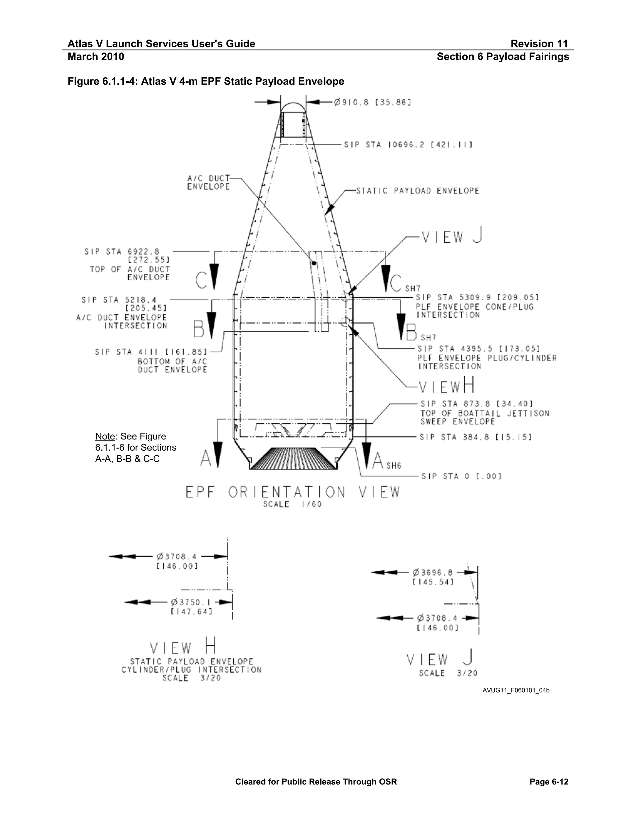 Atlas V Launch Services User's Guide
March 2010

Revision 11
Section 6 Payload Fairings

Figure 6.1.1-4: Atlas V 4-m EPF Static Payload Envelope

Note: See Figure
6.1.1-6 for Sections
A-A, B-B & C-C

AVUG11_F060101_04b

Cleared for Public Release Through OSR

Page 6-12

 