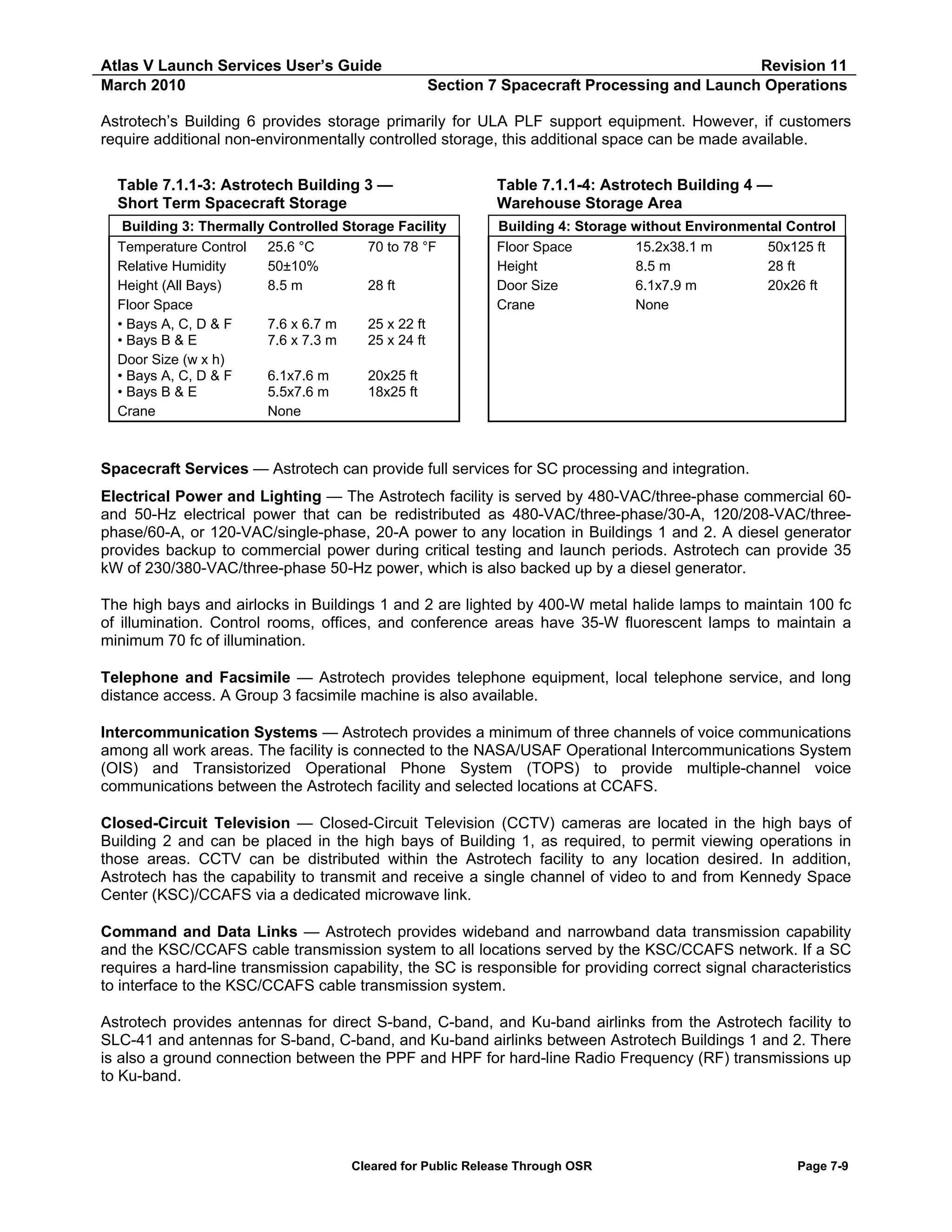 Atlas V Launch Services User’s Guide
March 2010

Revision 11
Section 7 Spacecraft Processing and Launch Operations

Astrotech’s Building 6 provides storage primarily for ULA PLF support equipment. However, if customers
require additional non-environmentally controlled storage, this additional space can be made available.
Table 7.1.1-3: Astrotech Building 3 —
Short Term Spacecraft Storage

Table 7.1.1-4: Astrotech Building 4 —
Warehouse Storage Area

Building 3: Thermally Controlled Storage Facility
Temperature Control
25.6 °C
70 to 78 °F
Relative Humidity
50±10%
Height (All Bays)
8.5 m
28 ft
Floor Space
• Bays A, C, D & F
7.6 x 6.7 m
25 x 22 ft
• Bays B & E
7.6 x 7.3 m
25 x 24 ft
Door Size (w x h)
20x25 ft
6.1x7.6 m
• Bays A, C, D & F
18x25 ft
5.5x7.6 m
• Bays B & E
Crane
None

Building 4: Storage without Environmental Control
Floor Space
15.2x38.1 m
50x125 ft
Height
8.5 m
28 ft
Door Size
6.1x7.9 m
20x26 ft
Crane
None

Spacecraft Services — Astrotech can provide full services for SC processing and integration.
Electrical Power and Lighting — The Astrotech facility is served by 480-VAC/three-phase commercial 60and 50-Hz electrical power that can be redistributed as 480-VAC/three-phase/30-A, 120/208-VAC/threephase/60-A, or 120-VAC/single-phase, 20-A power to any location in Buildings 1 and 2. A diesel generator
provides backup to commercial power during critical testing and launch periods. Astrotech can provide 35
kW of 230/380-VAC/three-phase 50-Hz power, which is also backed up by a diesel generator.
The high bays and airlocks in Buildings 1 and 2 are lighted by 400-W metal halide lamps to maintain 100 fc
of illumination. Control rooms, offices, and conference areas have 35-W fluorescent lamps to maintain a
minimum 70 fc of illumination.
Telephone and Facsimile — Astrotech provides telephone equipment, local telephone service, and long
distance access. A Group 3 facsimile machine is also available.
Intercommunication Systems — Astrotech provides a minimum of three channels of voice communications
among all work areas. The facility is connected to the NASA/USAF Operational Intercommunications System
(OIS) and Transistorized Operational Phone System (TOPS) to provide multiple-channel voice
communications between the Astrotech facility and selected locations at CCAFS.
Closed-Circuit Television — Closed-Circuit Television (CCTV) cameras are located in the high bays of
Building 2 and can be placed in the high bays of Building 1, as required, to permit viewing operations in
those areas. CCTV can be distributed within the Astrotech facility to any location desired. In addition,
Astrotech has the capability to transmit and receive a single channel of video to and from Kennedy Space
Center (KSC)/CCAFS via a dedicated microwave link.
Command and Data Links — Astrotech provides wideband and narrowband data transmission capability
and the KSC/CCAFS cable transmission system to all locations served by the KSC/CCAFS network. If a SC
requires a hard-line transmission capability, the SC is responsible for providing correct signal characteristics
to interface to the KSC/CCAFS cable transmission system.
Astrotech provides antennas for direct S-band, C-band, and Ku-band airlinks from the Astrotech facility to
SLC-41 and antennas for S-band, C-band, and Ku-band airlinks between Astrotech Buildings 1 and 2. There
is also a ground connection between the PPF and HPF for hard-line Radio Frequency (RF) transmissions up
to Ku-band.

Cleared for Public Release Through OSR

Page 7-9

 