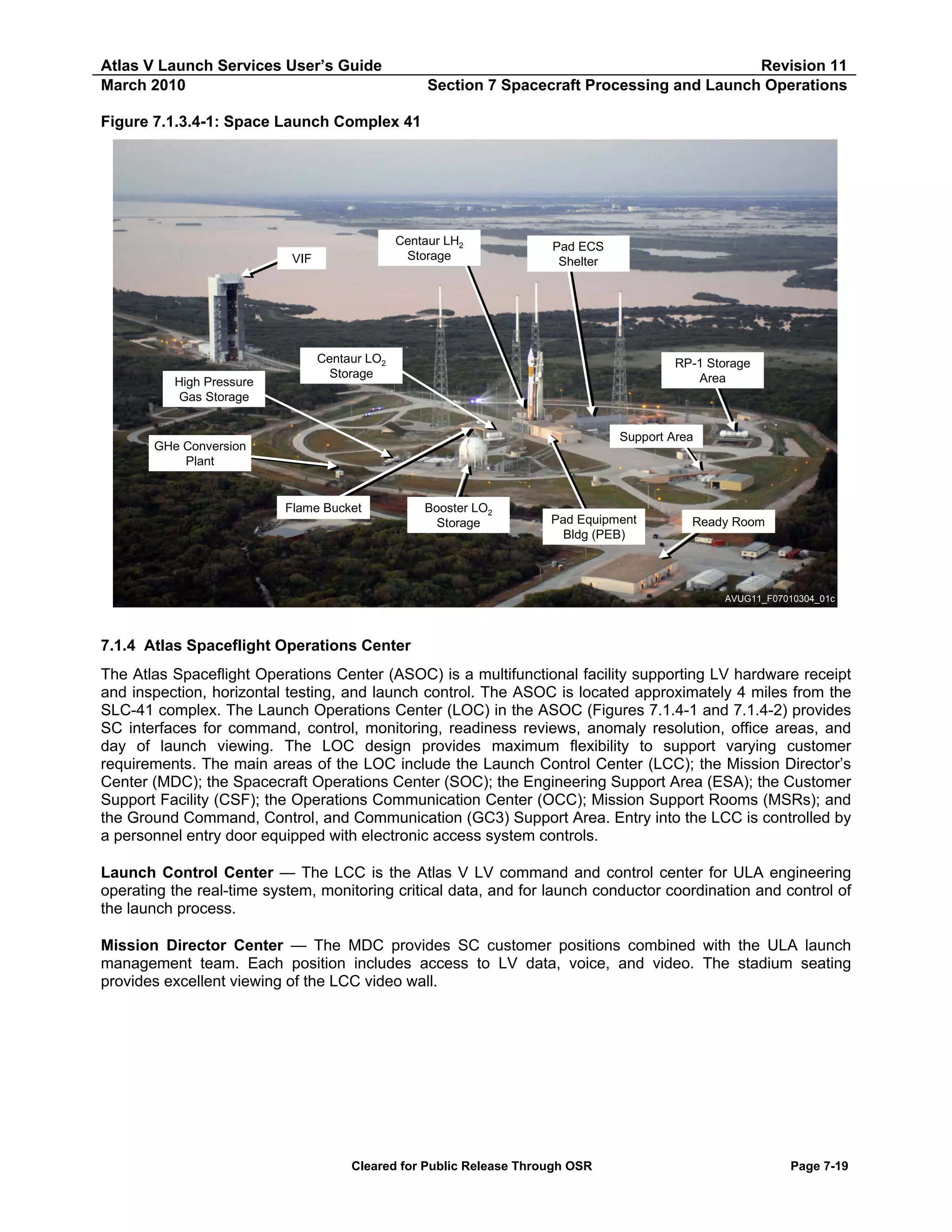 Atlas V Launch Services User’s Guide
March 2010

Revision 11
Section 7 Spacecraft Processing and Launch Operations

Figure 7.1.3.4-1: Space Launch Complex 41

Centaur LH2
Storage

VIF

High Pressure
Gas Storage

Pad ECS
Shelter

Centaur LO2
Storage

RP-1 Storage
Area

Support Area

GHe Conversion
Plant

Flame Bucket

Booster LO2
Storage

Pad Equipment
Bldg (PEB)

Ready Room

AVUG11_F07010304_01c

7.1.4 Atlas Spaceflight Operations Center
The Atlas Spaceflight Operations Center (ASOC) is a multifunctional facility supporting LV hardware receipt
and inspection, horizontal testing, and launch control. The ASOC is located approximately 4 miles from the
SLC-41 complex. The Launch Operations Center (LOC) in the ASOC (Figures 7.1.4-1 and 7.1.4-2) provides
SC interfaces for command, control, monitoring, readiness reviews, anomaly resolution, office areas, and
day of launch viewing. The LOC design provides maximum flexibility to support varying customer
requirements. The main areas of the LOC include the Launch Control Center (LCC); the Mission Director’s
Center (MDC); the Spacecraft Operations Center (SOC); the Engineering Support Area (ESA); the Customer
Support Facility (CSF); the Operations Communication Center (OCC); Mission Support Rooms (MSRs); and
the Ground Command, Control, and Communication (GC3) Support Area. Entry into the LCC is controlled by
a personnel entry door equipped with electronic access system controls.
Launch Control Center — The LCC is the Atlas V LV command and control center for ULA engineering
operating the real-time system, monitoring critical data, and for launch conductor coordination and control of
the launch process.
Mission Director Center — The MDC provides SC customer positions combined with the ULA launch
management team. Each position includes access to LV data, voice, and video. The stadium seating
provides excellent viewing of the LCC video wall.

Cleared for Public Release Through OSR

Page 7-19

 
