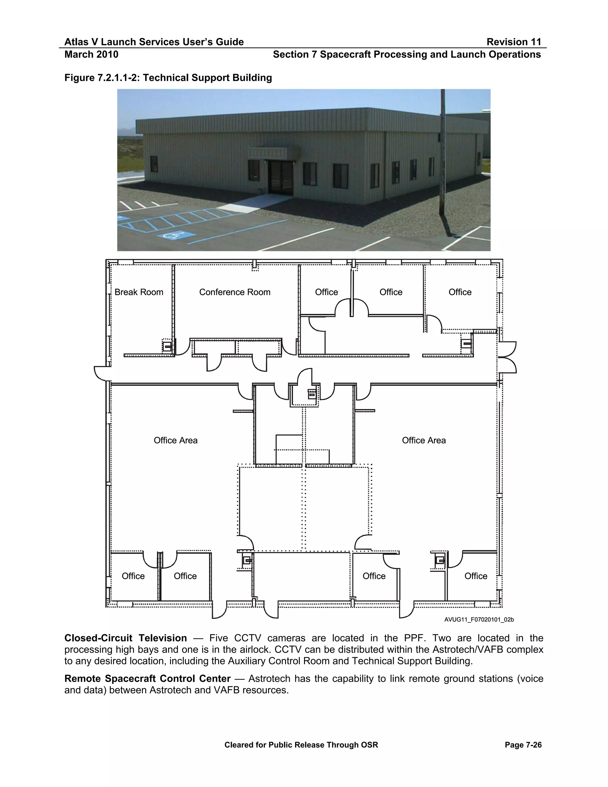 Atlas V Launch Services User’s Guide
March 2010

Revision 11
Section 7 Spacecraft Processing and Launch Operations

Figure 7.2.1.1-2: Technical Support Building

Break Room

Conference Room

Office

Office

Office Area

Office

Office

Office

Office Area

Office

Office

AVUG11_F07020101_02b

Closed-Circuit Television — Five CCTV cameras are located in the PPF. Two are located in the
processing high bays and one is in the airlock. CCTV can be distributed within the Astrotech/VAFB complex
to any desired location, including the Auxiliary Control Room and Technical Support Building.
Remote Spacecraft Control Center — Astrotech has the capability to link remote ground stations (voice
and data) between Astrotech and VAFB resources.

Cleared for Public Release Through OSR

Page 7-26

 