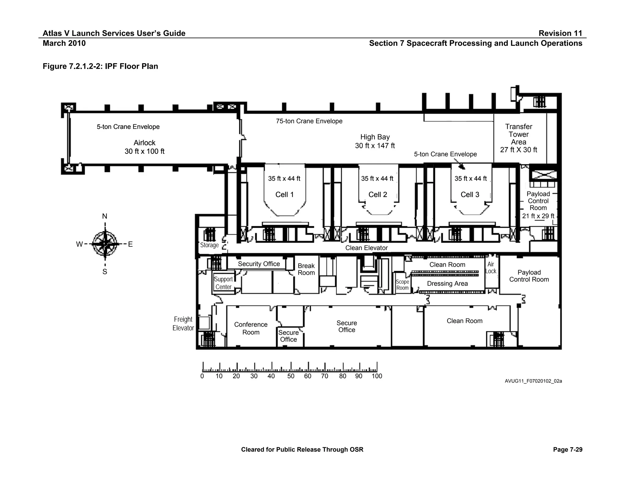 Atlas V Launch Services User’s Guide
March 2010

Revision 11
Section 7 Spacecraft Processing and Launch Operations

Figure 7.2.1.2-2: IPF Floor Plan

75-ton Crane Envelope

5-ton Crane Envelope

Transfer
Tower
Area
27 ft X 30 ft

High Bay
30 ft x 147 ft

Airlock
30 ft x 100 ft

5-ton Crane Envelope

35 ft x 44 ft

35 ft x 44 ft

35 ft x 44 ft

Cell 1

Cell 2

Cell 3

Payload
Control
Room
21 ft x 29 ft

N

W

Storage

E

Clean Elevator
Security Office

S

Support
Center

Freight
Elevator

Scope
Room

Conference
Room

0

10

Clean Room

Break
Room

20

30

40

50

60

70

80

90

Cleared for Public Release Through OSR

Payload
Control Room

Clean Room

Secure
Office

Secure
Office

Dressing Area

Air
Lock

100

AVUG11_F07020102_02a

Page 7-29

 