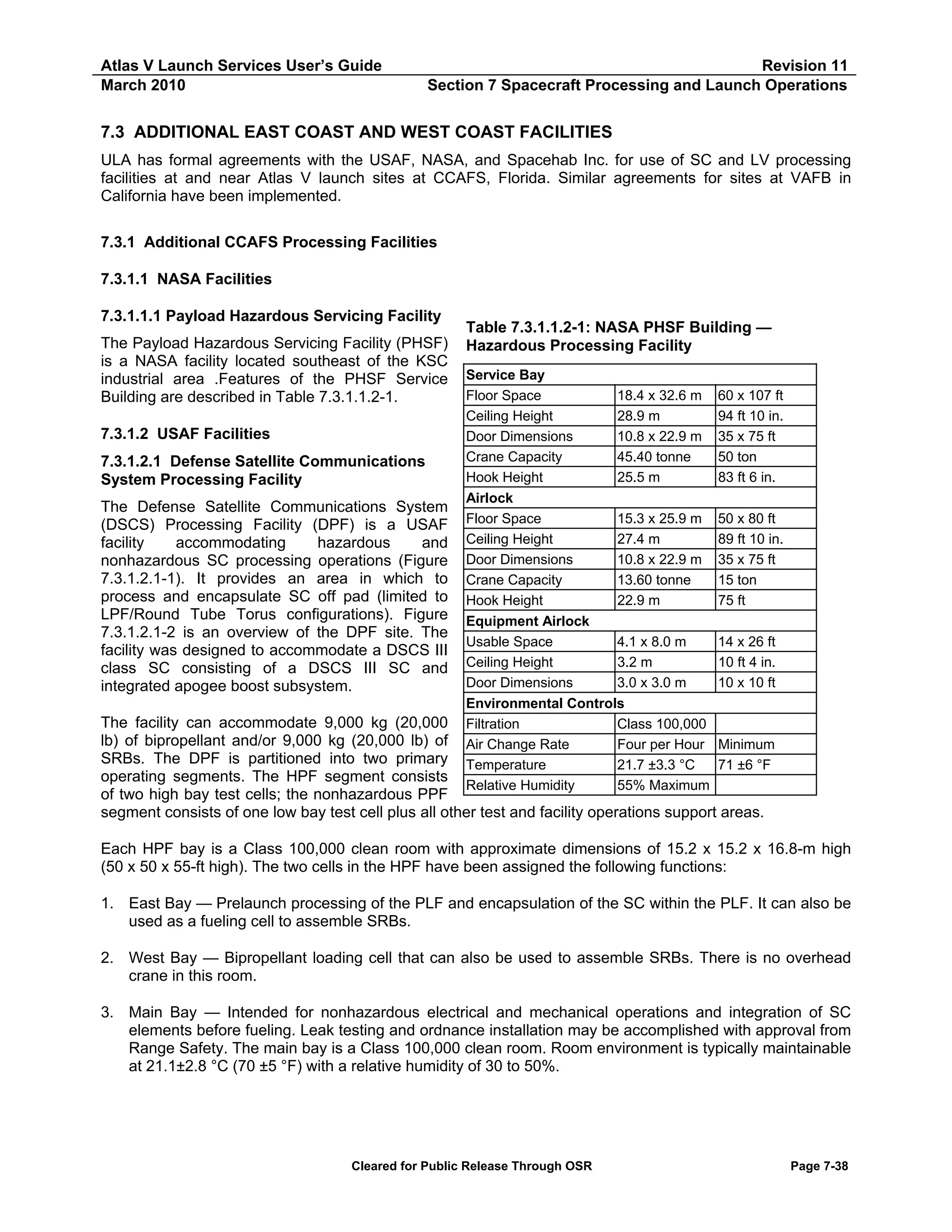 Atlas V Launch Services User’s Guide
March 2010

Revision 11
Section 7 Spacecraft Processing and Launch Operations

7.3 ADDITIONAL EAST COAST AND WEST COAST FACILITIES
ULA has formal agreements with the USAF, NASA, and Spacehab Inc. for use of SC and LV processing
facilities at and near Atlas V launch sites at CCAFS, Florida. Similar agreements for sites at VAFB in
California have been implemented.
7.3.1 Additional CCAFS Processing Facilities
7.3.1.1 NASA Facilities
7.3.1.1.1 Payload Hazardous Servicing Facility
The Payload Hazardous Servicing Facility (PHSF)
is a NASA facility located southeast of the KSC
industrial area .Features of the PHSF Service
Building are described in Table 7.3.1.1.2-1.
7.3.1.2 USAF Facilities
7.3.1.2.1 Defense Satellite Communications
System Processing Facility
The Defense Satellite Communications System
(DSCS) Processing Facility (DPF) is a USAF
facility
accommodating
hazardous
and
nonhazardous SC processing operations (Figure
7.3.1.2.1-1). It provides an area in which to
process and encapsulate SC off pad (limited to
LPF/Round Tube Torus configurations). Figure
7.3.1.2.1-2 is an overview of the DPF site. The
facility was designed to accommodate a DSCS III
class SC consisting of a DSCS III SC and
integrated apogee boost subsystem.

Table 7.3.1.1.2-1: NASA PHSF Building —
Hazardous Processing Facility
Service Bay
Floor Space
18.4 x 32.6 m
Ceiling Height
28.9 m
Door Dimensions
10.8 x 22.9 m
Crane Capacity
45.40 tonne
Hook Height
25.5 m
Airlock
Floor Space
15.3 x 25.9 m
Ceiling Height
27.4 m
Door Dimensions
10.8 x 22.9 m
Crane Capacity
13.60 tonne
Hook Height
22.9 m
Equipment Airlock
Usable Space
4.1 x 8.0 m
Ceiling Height
3.2 m
Door Dimensions
3.0 x 3.0 m
Environmental Controls
Filtration
Class 100,000
Air Change Rate
Four per Hour
Temperature
21.7 ±3.3 °C
Relative Humidity
55% Maximum

60 x 107 ft
94 ft 10 in.
35 x 75 ft
50 ton
83 ft 6 in.
50 x 80 ft
89 ft 10 in.
35 x 75 ft
15 ton
75 ft
14 x 26 ft
10 ft 4 in.
10 x 10 ft

The facility can accommodate 9,000 kg (20,000
lb) of bipropellant and/or 9,000 kg (20,000 lb) of
Minimum
SRBs. The DPF is partitioned into two primary
71 ±6 °F
operating segments. The HPF segment consists
of two high bay test cells; the nonhazardous PPF
segment consists of one low bay test cell plus all other test and facility operations support areas.
Each HPF bay is a Class 100,000 clean room with approximate dimensions of 15.2 x 15.2 x 16.8-m high
(50 x 50 x 55-ft high). The two cells in the HPF have been assigned the following functions:
1. East Bay — Prelaunch processing of the PLF and encapsulation of the SC within the PLF. It can also be
used as a fueling cell to assemble SRBs.
2. West Bay — Bipropellant loading cell that can also be used to assemble SRBs. There is no overhead
crane in this room.
3. Main Bay — Intended for nonhazardous electrical and mechanical operations and integration of SC
elements before fueling. Leak testing and ordnance installation may be accomplished with approval from
Range Safety. The main bay is a Class 100,000 clean room. Room environment is typically maintainable
at 21.1±2.8 °C (70 ±5 °F) with a relative humidity of 30 to 50%.

Cleared for Public Release Through OSR

Page 7-38

 