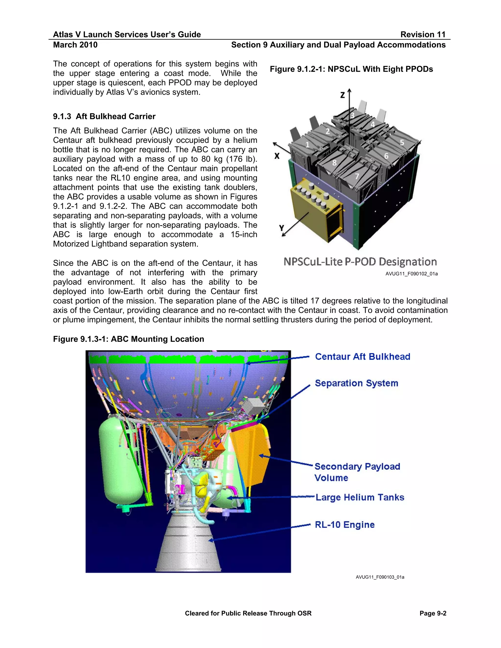Atlas V Launch Services User’s Guide
March 2010

Revision 11
Section 9 Auxiliary and Dual Payload Accommodations

The concept of operations for this system begins with
the upper stage entering a coast mode. While the
upper stage is quiescent, each PPOD may be deployed
individually by Atlas V’s avionics system.

Figure 9.1.2-1: NPSCuL With Eight PPODs

9.1.3 Aft Bulkhead Carrier
The Aft Bulkhead Carrier (ABC) utilizes volume on the
Centaur aft bulkhead previously occupied by a helium
bottle that is no longer required. The ABC can carry an
auxiliary payload with a mass of up to 80 kg (176 lb).
Located on the aft-end of the Centaur main propellant
tanks near the RL10 engine area, and using mounting
attachment points that use the existing tank doublers,
the ABC provides a usable volume as shown in Figures
9.1.2-1 and 9.1.2-2. The ABC can accommodate both
separating and non-separating payloads, with a volume
that is slightly larger for non-separating payloads. The
ABC is large enough to accommodate a 15-inch
Motorized Lightband separation system.
Since the ABC is on the aft-end of the Centaur, it has
the advantage of not interfering with the primary
AVUG11_F090102_01a
payload environment. It also has the ability to be
deployed into low-Earth orbit during the Centaur first
coast portion of the mission. The separation plane of the ABC is tilted 17 degrees relative to the longitudinal
axis of the Centaur, providing clearance and no re-contact with the Centaur in coast. To avoid contamination
or plume impingement, the Centaur inhibits the normal settling thrusters during the period of deployment.
Figure 9.1.3-1: ABC Mounting Location

AVUG11_F090103_01a

Cleared for Public Release Through OSR

Page 9-2

 