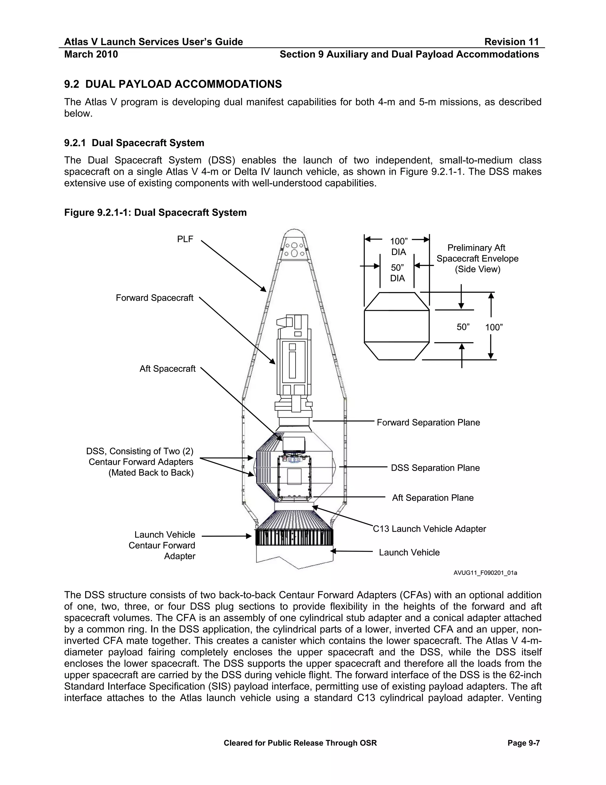 Atlas V Launch Services User’s Guide
March 2010

Revision 11
Section 9 Auxiliary and Dual Payload Accommodations

9.2 DUAL PAYLOAD ACCOMMODATIONS
The Atlas V program is developing dual manifest capabilities for both 4-m and 5-m missions, as described
below.
9.2.1 Dual Spacecraft System
The Dual Spacecraft System (DSS) enables the launch of two independent, small-to-medium class
spacecraft on a single Atlas V 4-m or Delta IV launch vehicle, as shown in Figure 9.2.1-1. The DSS makes
extensive use of existing components with well-understood capabilities.
Figure 9.2.1-1: Dual Spacecraft System
PLF

100”
DIA
50”
DIA

Preliminary Aft
Spacecraft Envelope
(Side View)

Forward Spacecraft
50”

100”

Aft Spacecraft

Forward Separation Plane
DSS, Consisting of Two (2)
Centaur Forward Adapters
(Mated Back to Back)

DSS Separation Plane
Aft Separation Plane

Launch Vehicle
Centaur Forward
Adapter

C13 Launch Vehicle Adapter
Launch Vehicle
AVUG11_F090201_01a

The DSS structure consists of two back-to-back Centaur Forward Adapters (CFAs) with an optional addition
of one, two, three, or four DSS plug sections to provide flexibility in the heights of the forward and aft
spacecraft volumes. The CFA is an assembly of one cylindrical stub adapter and a conical adapter attached
by a common ring. In the DSS application, the cylindrical parts of a lower, inverted CFA and an upper, noninverted CFA mate together. This creates a canister which contains the lower spacecraft. The Atlas V 4-mdiameter payload fairing completely encloses the upper spacecraft and the DSS, while the DSS itself
encloses the lower spacecraft. The DSS supports the upper spacecraft and therefore all the loads from the
upper spacecraft are carried by the DSS during vehicle flight. The forward interface of the DSS is the 62-inch
Standard Interface Specification (SIS) payload interface, permitting use of existing payload adapters. The aft
interface attaches to the Atlas launch vehicle using a standard C13 cylindrical payload adapter. Venting

Cleared for Public Release Through OSR

Page 9-7

 