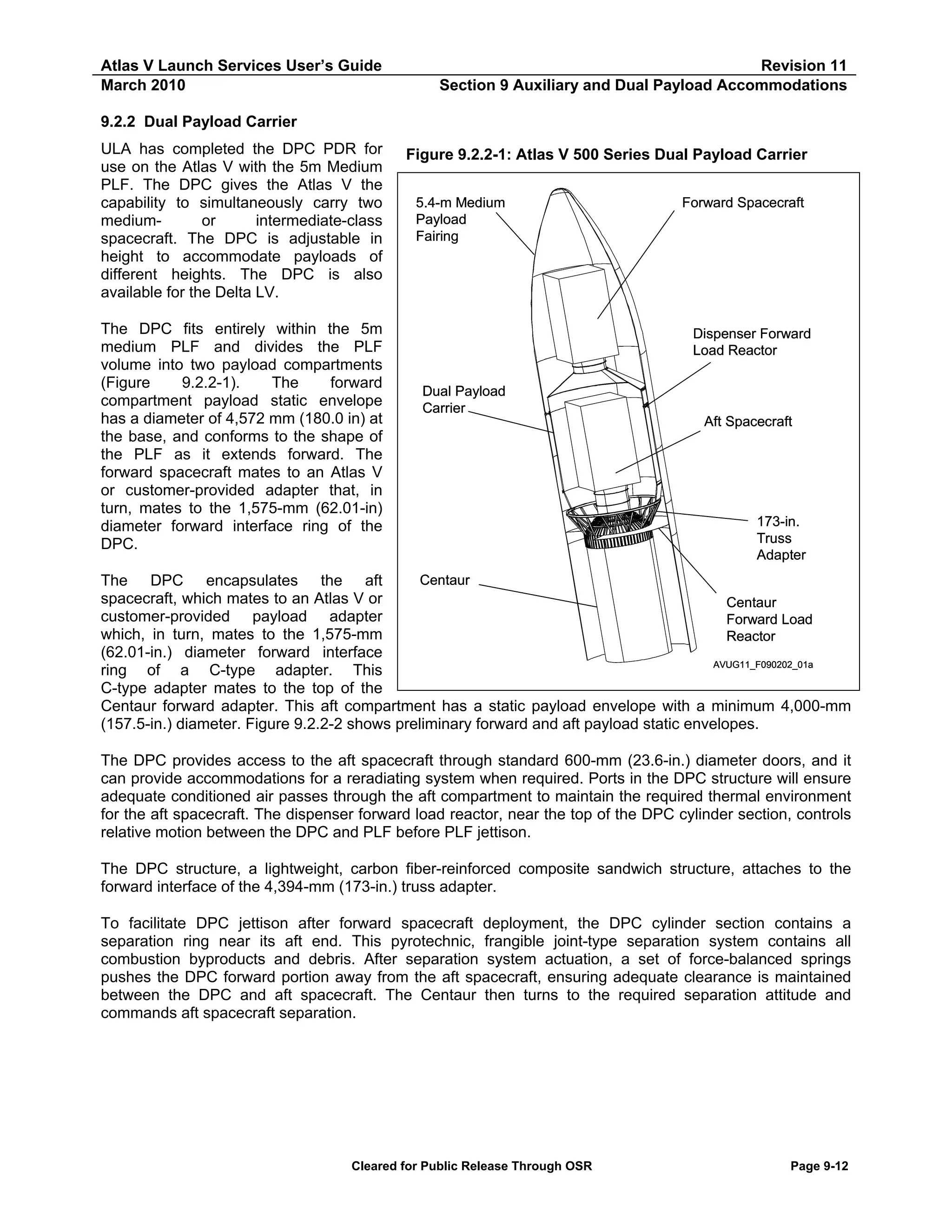 Atlas V Launch Services User’s Guide
March 2010

Revision 11
Section 9 Auxiliary and Dual Payload Accommodations

9.2.2 Dual Payload Carrier
ULA has completed the DPC PDR for
use on the Atlas V with the 5m Medium
PLF. The DPC gives the Atlas V the
capability to simultaneously carry two
mediumor
intermediate-class
spacecraft. The DPC is adjustable in
height to accommodate payloads of
different heights. The DPC is also
available for the Delta LV.

Figure 9.2.2-1: Atlas V 500 Series Dual Payload Carrier

The DPC fits entirely within the 5m
medium PLF and divides the PLF
volume into two payload compartments
(Figure
9.2.2-1).
The
forward
compartment payload static envelope
has a diameter of 4,572 mm (180.0 in) at
the base, and conforms to the shape of
the PLF as it extends forward. The
forward spacecraft mates to an Atlas V
or customer-provided adapter that, in
turn, mates to the 1,575-mm (62.01-in)
diameter forward interface ring of the
DPC.

Dispenser Forward
Load Reactor

5.4-m Medium
Payload
Fairing

Forward Spacecraft

Dual Payload
Carrier
Aft Spacecraft

173-in.
Truss
Adapter

Centaur
The DPC encapsulates the aft
spacecraft, which mates to an Atlas V or
Centaur
customer-provided payload adapter
Forward Load
which, in turn, mates to the 1,575-mm
Reactor
(62.01-in.) diameter forward interface
AVUG11_F090202_01a
ring of a C-type adapter. This
C-type adapter mates to the top of the
Centaur forward adapter. This aft compartment has a static payload envelope with a minimum 4,000-mm
(157.5-in.) diameter. Figure 9.2.2-2 shows preliminary forward and aft payload static envelopes.

The DPC provides access to the aft spacecraft through standard 600-mm (23.6-in.) diameter doors, and it
can provide accommodations for a reradiating system when required. Ports in the DPC structure will ensure
adequate conditioned air passes through the aft compartment to maintain the required thermal environment
for the aft spacecraft. The dispenser forward load reactor, near the top of the DPC cylinder section, controls
relative motion between the DPC and PLF before PLF jettison.
The DPC structure, a lightweight, carbon fiber-reinforced composite sandwich structure, attaches to the
forward interface of the 4,394-mm (173-in.) truss adapter.
To facilitate DPC jettison after forward spacecraft deployment, the DPC cylinder section contains a
separation ring near its aft end. This pyrotechnic, frangible joint-type separation system contains all
combustion byproducts and debris. After separation system actuation, a set of force-balanced springs
pushes the DPC forward portion away from the aft spacecraft, ensuring adequate clearance is maintained
between the DPC and aft spacecraft. The Centaur then turns to the required separation attitude and
commands aft spacecraft separation.

Cleared for Public Release Through OSR

Page 9-12

 