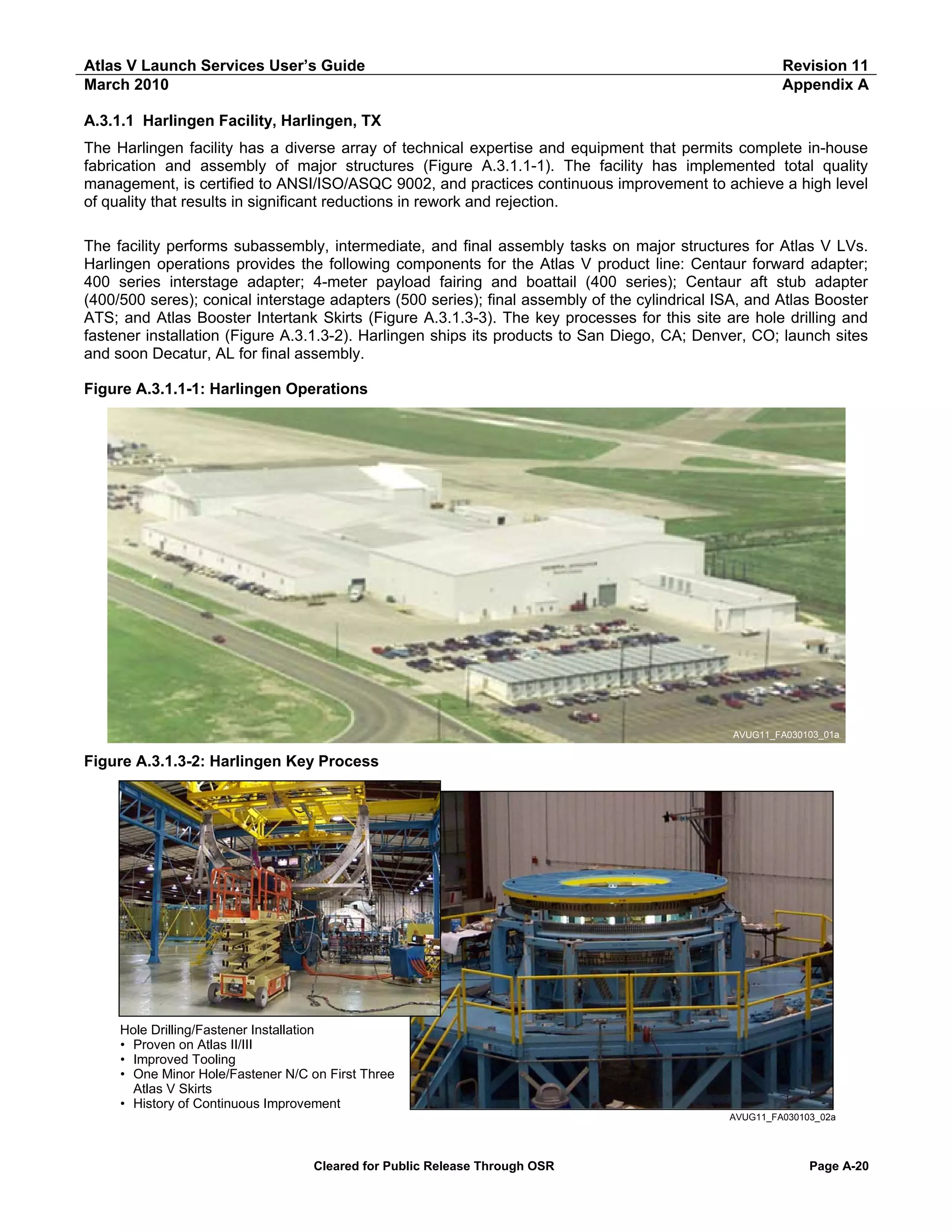 Atlas V Launch Services User’s Guide
March 2010

Revision 11
Appendix A

A.3.1.1 Harlingen Facility, Harlingen, TX
The Harlingen facility has a diverse array of technical expertise and equipment that permits complete in-house
fabrication and assembly of major structures (Figure A.3.1.1-1). The facility has implemented total quality
management, is certified to ANSI/ISO/ASQC 9002, and practices continuous improvement to achieve a high level
of quality that results in significant reductions in rework and rejection.
The facility performs subassembly, intermediate, and final assembly tasks on major structures for Atlas V LVs.
Harlingen operations provides the following components for the Atlas V product line: Centaur forward adapter;
400 series interstage adapter; 4-meter payload fairing and boattail (400 series); Centaur aft stub adapter
(400/500 seres); conical interstage adapters (500 series); final assembly of the cylindrical ISA, and Atlas Booster
ATS; and Atlas Booster Intertank Skirts (Figure A.3.1.3-3). The key processes for this site are hole drilling and
fastener installation (Figure A.3.1.3-2). Harlingen ships its products to San Diego, CA; Denver, CO; launch sites
and soon Decatur, AL for final assembly.
Figure A.3.1.1-1: Harlingen Operations

AVUG11_FA030103_01a

Figure A.3.1.3-2: Harlingen Key Process

Hole Drilling/Fastener Installation
• Proven on Atlas II/III
• Improved Tooling
• One Minor Hole/Fastener N/C on First Three
Atlas V Skirts
• History of Continuous Improvement
AVUG11_FA030103_02a

Cleared for Public Release Through OSR

Page A-20

 