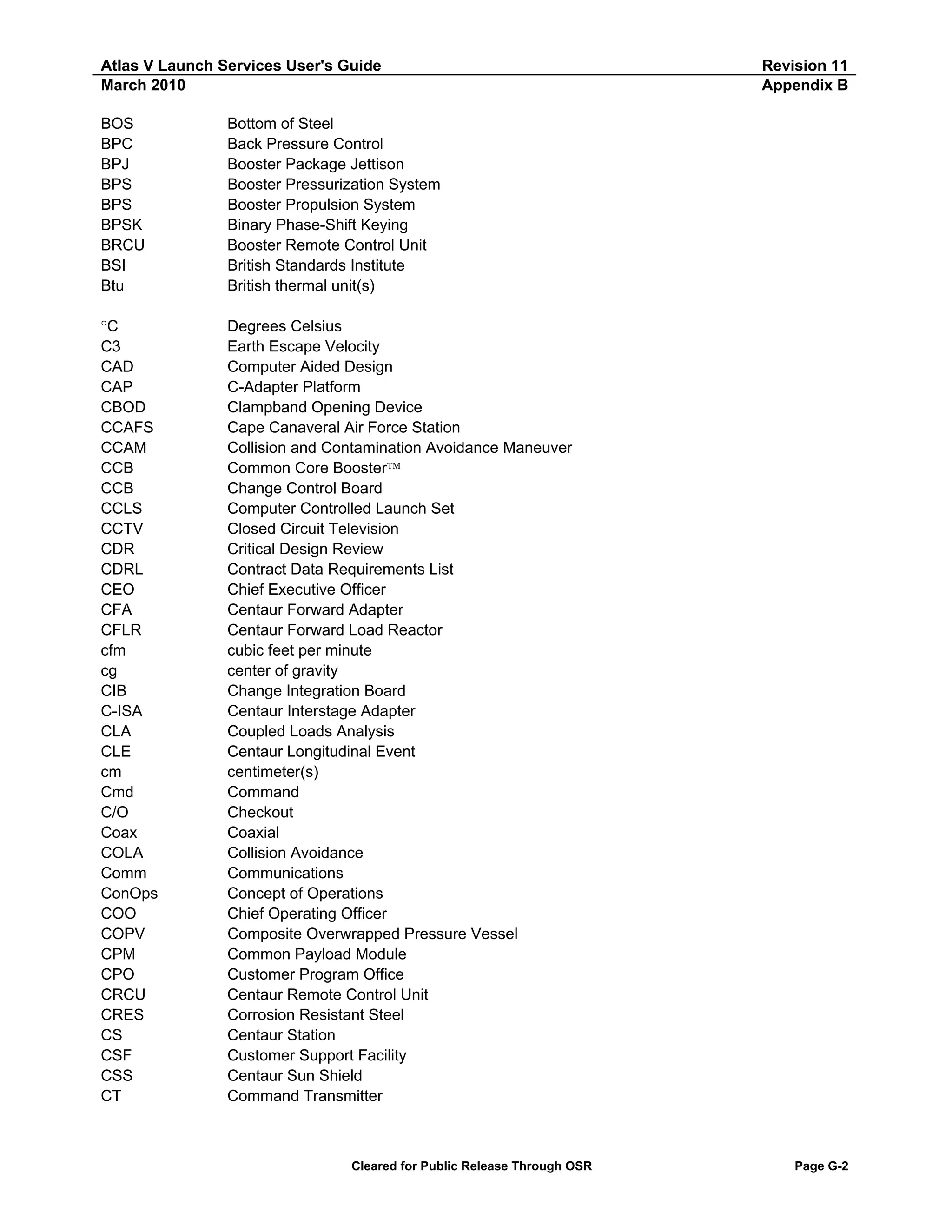 Atlas V Launch Services User's Guide
March 2010
BOS
BPC
BPJ
BPS
BPS
BPSK
BRCU
BSI
Btu

Bottom of Steel
Back Pressure Control
Booster Package Jettison
Booster Pressurization System
Booster Propulsion System
Binary Phase-Shift Keying
Booster Remote Control Unit
British Standards Institute
British thermal unit(s)

°C
C3
CAD
CAP
CBOD
CCAFS
CCAM
CCB
CCB
CCLS
CCTV
CDR
CDRL
CEO
CFA
CFLR
cfm
cg
CIB
C-ISA
CLA
CLE
cm
Cmd
C/O
Coax
COLA
Comm
ConOps
COO
COPV
CPM
CPO
CRCU
CRES
CS
CSF
CSS
CT

Revision 11
Appendix B

Degrees Celsius
Earth Escape Velocity
Computer Aided Design
C-Adapter Platform
Clampband Opening Device
Cape Canaveral Air Force Station
Collision and Contamination Avoidance Maneuver
Common Core Booster™
Change Control Board
Computer Controlled Launch Set
Closed Circuit Television
Critical Design Review
Contract Data Requirements List
Chief Executive Officer
Centaur Forward Adapter
Centaur Forward Load Reactor
cubic feet per minute
center of gravity
Change Integration Board
Centaur Interstage Adapter
Coupled Loads Analysis
Centaur Longitudinal Event
centimeter(s)
Command
Checkout
Coaxial
Collision Avoidance
Communications
Concept of Operations
Chief Operating Officer
Composite Overwrapped Pressure Vessel
Common Payload Module
Customer Program Office
Centaur Remote Control Unit
Corrosion Resistant Steel
Centaur Station
Customer Support Facility
Centaur Sun Shield
Command Transmitter

Cleared for Public Release Through OSR

Page G-2

 