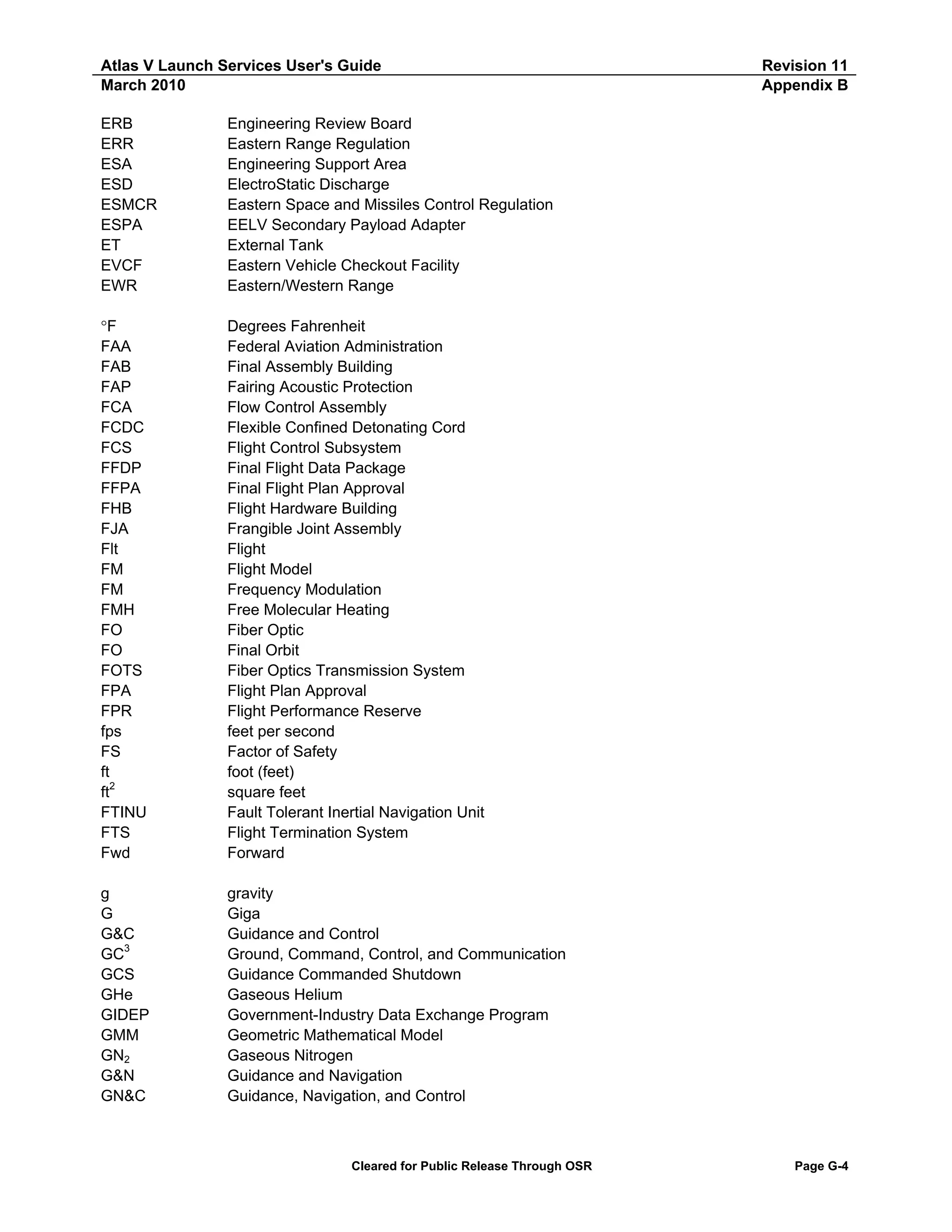 Atlas V Launch Services User's Guide
March 2010
ERB
ERR
ESA
ESD
ESMCR
ESPA
ET
EVCF
EWR

Engineering Review Board
Eastern Range Regulation
Engineering Support Area
ElectroStatic Discharge
Eastern Space and Missiles Control Regulation
EELV Secondary Payload Adapter
External Tank
Eastern Vehicle Checkout Facility
Eastern/Western Range

°F
FAA
FAB
FAP
FCA
FCDC
FCS
FFDP
FFPA
FHB
FJA
Flt
FM
FM
FMH
FO
FO
FOTS
FPA
FPR
fps
FS
ft
ft2
FTINU
FTS
Fwd

Degrees Fahrenheit
Federal Aviation Administration
Final Assembly Building
Fairing Acoustic Protection
Flow Control Assembly
Flexible Confined Detonating Cord
Flight Control Subsystem
Final Flight Data Package
Final Flight Plan Approval
Flight Hardware Building
Frangible Joint Assembly
Flight
Flight Model
Frequency Modulation
Free Molecular Heating
Fiber Optic
Final Orbit
Fiber Optics Transmission System
Flight Plan Approval
Flight Performance Reserve
feet per second
Factor of Safety
foot (feet)
square feet
Fault Tolerant Inertial Navigation Unit
Flight Termination System
Forward

g
G
G&C
GC3
GCS
GHe
GIDEP
GMM
GN2
G&N
GN&C

Revision 11
Appendix B

gravity
Giga
Guidance and Control
Ground, Command, Control, and Communication
Guidance Commanded Shutdown
Gaseous Helium
Government-Industry Data Exchange Program
Geometric Mathematical Model
Gaseous Nitrogen
Guidance and Navigation
Guidance, Navigation, and Control

Cleared for Public Release Through OSR

Page G-4

 