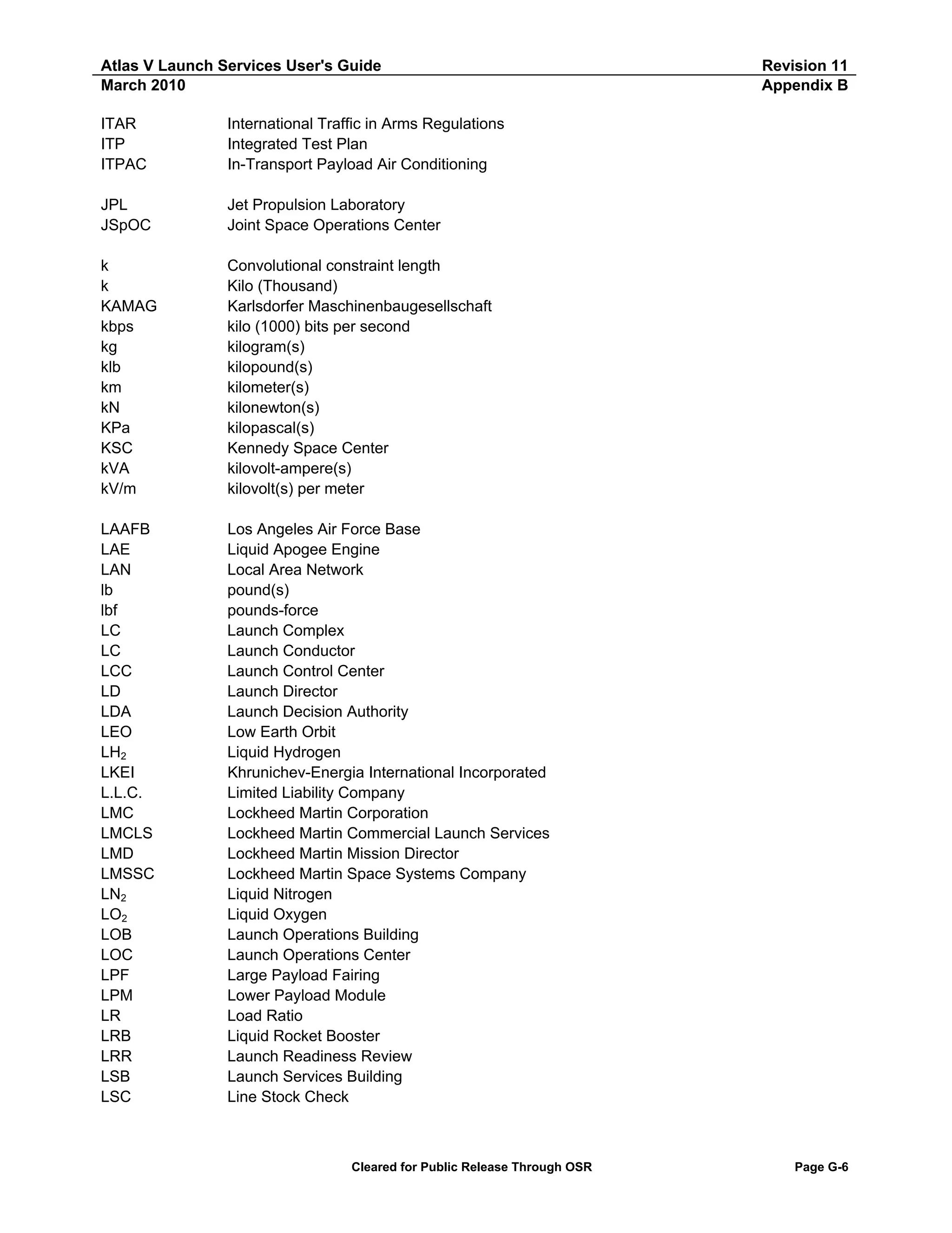 Atlas V Launch Services User's Guide
March 2010
ITAR
ITP
ITPAC

International Traffic in Arms Regulations
Integrated Test Plan
In-Transport Payload Air Conditioning

JPL
JSpOC

Jet Propulsion Laboratory
Joint Space Operations Center

k
k
KAMAG
kbps
kg
klb
km
kN
KPa
KSC
kVA
kV/m

Convolutional constraint length
Kilo (Thousand)
Karlsdorfer Maschinenbaugesellschaft
kilo (1000) bits per second
kilogram(s)
kilopound(s)
kilometer(s)
kilonewton(s)
kilopascal(s)
Kennedy Space Center
kilovolt-ampere(s)
kilovolt(s) per meter

LAAFB
LAE
LAN
lb
lbf
LC
LC
LCC
LD
LDA
LEO
LH2
LKEI
L.L.C.
LMC
LMCLS
LMD
LMSSC
LN2
LO2
LOB
LOC
LPF
LPM
LR
LRB
LRR
LSB
LSC

Revision 11
Appendix B

Los Angeles Air Force Base
Liquid Apogee Engine
Local Area Network
pound(s)
pounds-force
Launch Complex
Launch Conductor
Launch Control Center
Launch Director
Launch Decision Authority
Low Earth Orbit
Liquid Hydrogen
Khrunichev-Energia International Incorporated
Limited Liability Company
Lockheed Martin Corporation
Lockheed Martin Commercial Launch Services
Lockheed Martin Mission Director
Lockheed Martin Space Systems Company
Liquid Nitrogen
Liquid Oxygen
Launch Operations Building
Launch Operations Center
Large Payload Fairing
Lower Payload Module
Load Ratio
Liquid Rocket Booster
Launch Readiness Review
Launch Services Building
Line Stock Check

Cleared for Public Release Through OSR

Page G-6

 