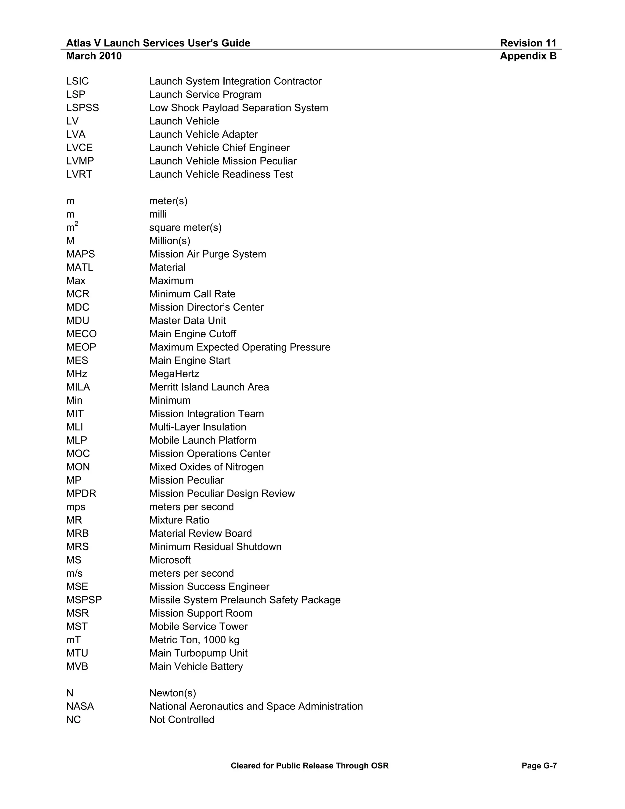 Atlas V Launch Services User's Guide
March 2010
LSIC
LSP
LSPSS
LV
LVA
LVCE
LVMP
LVRT

Launch System Integration Contractor
Launch Service Program
Low Shock Payload Separation System
Launch Vehicle
Launch Vehicle Adapter
Launch Vehicle Chief Engineer
Launch Vehicle Mission Peculiar
Launch Vehicle Readiness Test

m
m
m2
M
MAPS
MATL
Max
MCR
MDC
MDU
MECO
MEOP
MES
MHz
MILA
Min
MIT
MLI
MLP
MOC
MON
MP
MPDR
mps
MR
MRB
MRS
MS
m/s
MSE
MSPSP
MSR
MST
mT
MTU
MVB

meter(s)
milli
square meter(s)
Million(s)
Mission Air Purge System
Material
Maximum
Minimum Call Rate
Mission Director’s Center
Master Data Unit
Main Engine Cutoff
Maximum Expected Operating Pressure
Main Engine Start
MegaHertz
Merritt Island Launch Area
Minimum
Mission Integration Team
Multi-Layer Insulation
Mobile Launch Platform
Mission Operations Center
Mixed Oxides of Nitrogen
Mission Peculiar
Mission Peculiar Design Review
meters per second
Mixture Ratio
Material Review Board
Minimum Residual Shutdown
Microsoft
meters per second
Mission Success Engineer
Missile System Prelaunch Safety Package
Mission Support Room
Mobile Service Tower
Metric Ton, 1000 kg
Main Turbopump Unit
Main Vehicle Battery

N
NASA
NC

Revision 11
Appendix B

Newton(s)
National Aeronautics and Space Administration
Not Controlled

Cleared for Public Release Through OSR

Page G-7

 