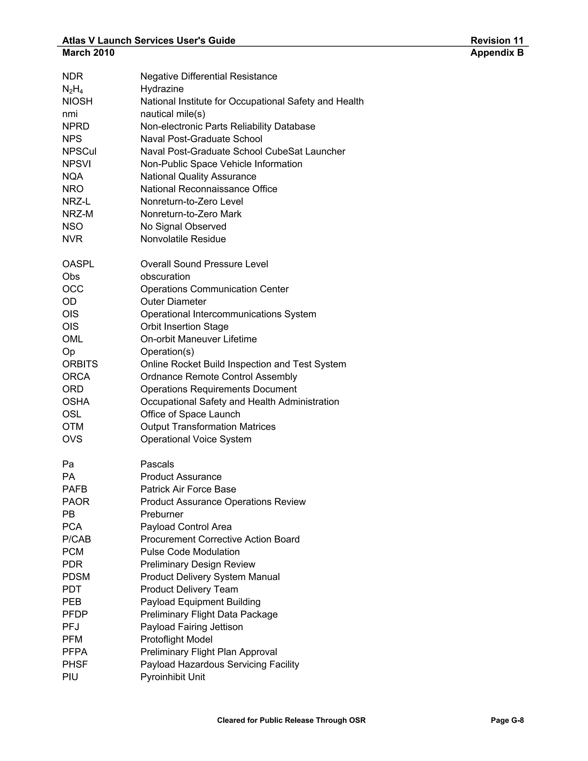 Atlas V Launch Services User's Guide
March 2010
NDR
N2H4
NIOSH
nmi
NPRD
NPS
NPSCul
NPSVI
NQA
NRO
NRZ-L
NRZ-M
NSO
NVR

Negative Differential Resistance
Hydrazine
National Institute for Occupational Safety and Health
nautical mile(s)
Non-electronic Parts Reliability Database
Naval Post-Graduate School
Naval Post-Graduate School CubeSat Launcher
Non-Public Space Vehicle Information
National Quality Assurance
National Reconnaissance Office
Nonreturn-to-Zero Level
Nonreturn-to-Zero Mark
No Signal Observed
Nonvolatile Residue

OASPL
Obs
OCC
OD
OIS
OIS
OML
Op
ORBITS
ORCA
ORD
OSHA
OSL
OTM
OVS

Overall Sound Pressure Level
obscuration
Operations Communication Center
Outer Diameter
Operational Intercommunications System
Orbit Insertion Stage
On-orbit Maneuver Lifetime
Operation(s)
Online Rocket Build Inspection and Test System
Ordnance Remote Control Assembly
Operations Requirements Document
Occupational Safety and Health Administration
Office of Space Launch
Output Transformation Matrices
Operational Voice System

Pa
PA
PAFB
PAOR
PB
PCA
P/CAB
PCM
PDR
PDSM
PDT
PEB
PFDP
PFJ
PFM
PFPA
PHSF
PIU

Revision 11
Appendix B

Pascals
Product Assurance
Patrick Air Force Base
Product Assurance Operations Review
Preburner
Payload Control Area
Procurement Corrective Action Board
Pulse Code Modulation
Preliminary Design Review
Product Delivery System Manual
Product Delivery Team
Payload Equipment Building
Preliminary Flight Data Package
Payload Fairing Jettison
Protoflight Model
Preliminary Flight Plan Approval
Payload Hazardous Servicing Facility
Pyroinhibit Unit

Cleared for Public Release Through OSR

Page G-8

 
