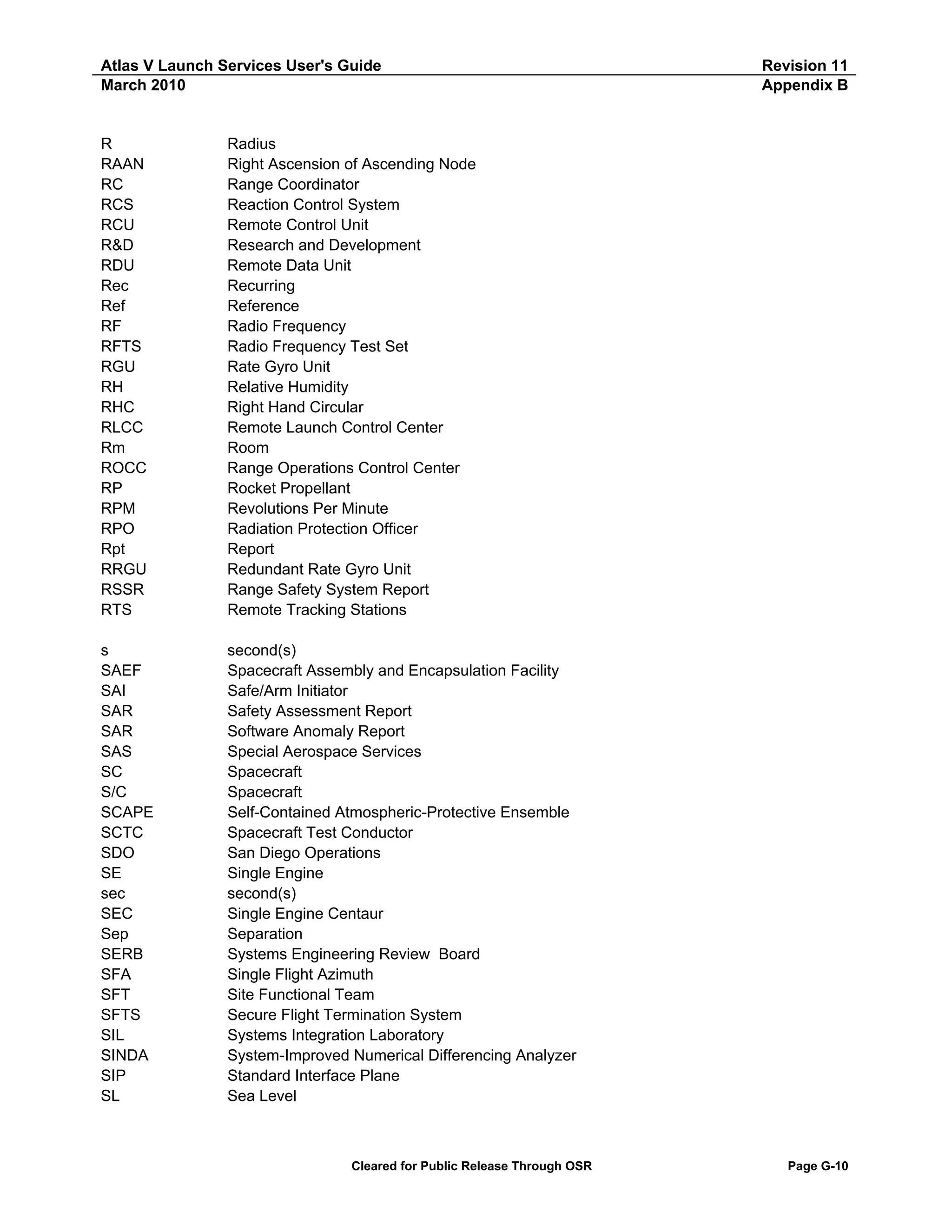 Atlas V Launch Services User's Guide
March 2010

R
RAAN
RC
RCS
RCU
R&D
RDU
Rec
Ref
RF
RFTS
RGU
RH
RHC
RLCC
Rm
ROCC
RP
RPM
RPO
Rpt
RRGU
RSSR
RTS

Radius
Right Ascension of Ascending Node
Range Coordinator
Reaction Control System
Remote Control Unit
Research and Development
Remote Data Unit
Recurring
Reference
Radio Frequency
Radio Frequency Test Set
Rate Gyro Unit
Relative Humidity
Right Hand Circular
Remote Launch Control Center
Room
Range Operations Control Center
Rocket Propellant
Revolutions Per Minute
Radiation Protection Officer
Report
Redundant Rate Gyro Unit
Range Safety System Report
Remote Tracking Stations

s
SAEF
SAI
SAR
SAR
SAS
SC
S/C
SCAPE
SCTC
SDO
SE
sec
SEC
Sep
SERB
SFA
SFT
SFTS
SIL
SINDA
SIP
SL

Revision 11
Appendix B

second(s)
Spacecraft Assembly and Encapsulation Facility
Safe/Arm Initiator
Safety Assessment Report
Software Anomaly Report
Special Aerospace Services
Spacecraft
Spacecraft
Self-Contained Atmospheric-Protective Ensemble
Spacecraft Test Conductor
San Diego Operations
Single Engine
second(s)
Single Engine Centaur
Separation
Systems Engineering Review Board
Single Flight Azimuth
Site Functional Team
Secure Flight Termination System
Systems Integration Laboratory
System-Improved Numerical Differencing Analyzer
Standard Interface Plane
Sea Level

Cleared for Public Release Through OSR

Page G-10

 