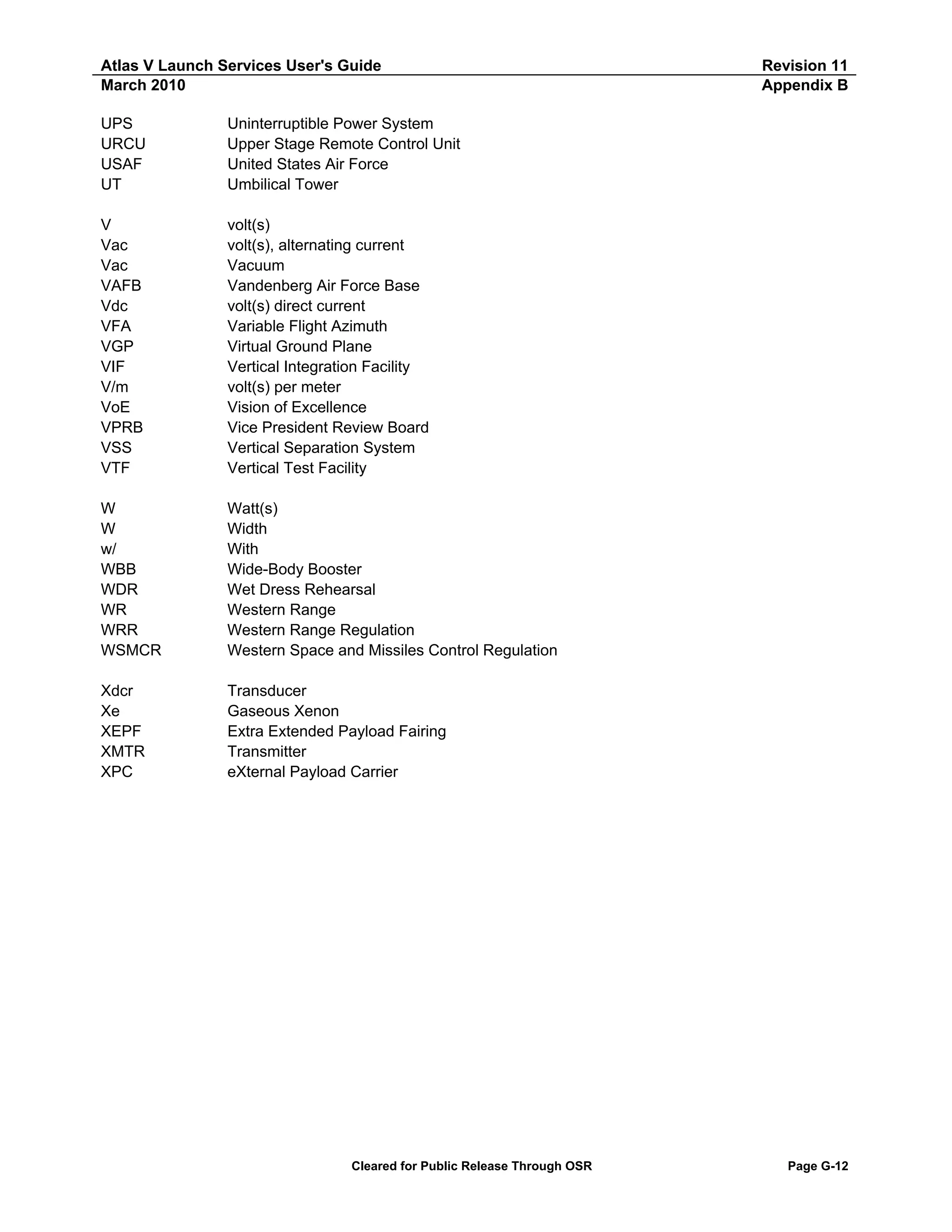 Atlas V Launch Services User's Guide
March 2010
UPS
URCU
USAF
UT

Uninterruptible Power System
Upper Stage Remote Control Unit
United States Air Force
Umbilical Tower

V
Vac
Vac
VAFB
Vdc
VFA
VGP
VIF
V/m
VoE
VPRB
VSS
VTF

volt(s)
volt(s), alternating current
Vacuum
Vandenberg Air Force Base
volt(s) direct current
Variable Flight Azimuth
Virtual Ground Plane
Vertical Integration Facility
volt(s) per meter
Vision of Excellence
Vice President Review Board
Vertical Separation System
Vertical Test Facility

W
W
w/
WBB
WDR
WR
WRR
WSMCR

Watt(s)
Width
With
Wide-Body Booster
Wet Dress Rehearsal
Western Range
Western Range Regulation
Western Space and Missiles Control Regulation

Xdcr
Xe
XEPF
XMTR
XPC

Revision 11
Appendix B

Transducer
Gaseous Xenon
Extra Extended Payload Fairing
Transmitter
eXternal Payload Carrier

Cleared for Public Release Through OSR

Page G-12

 