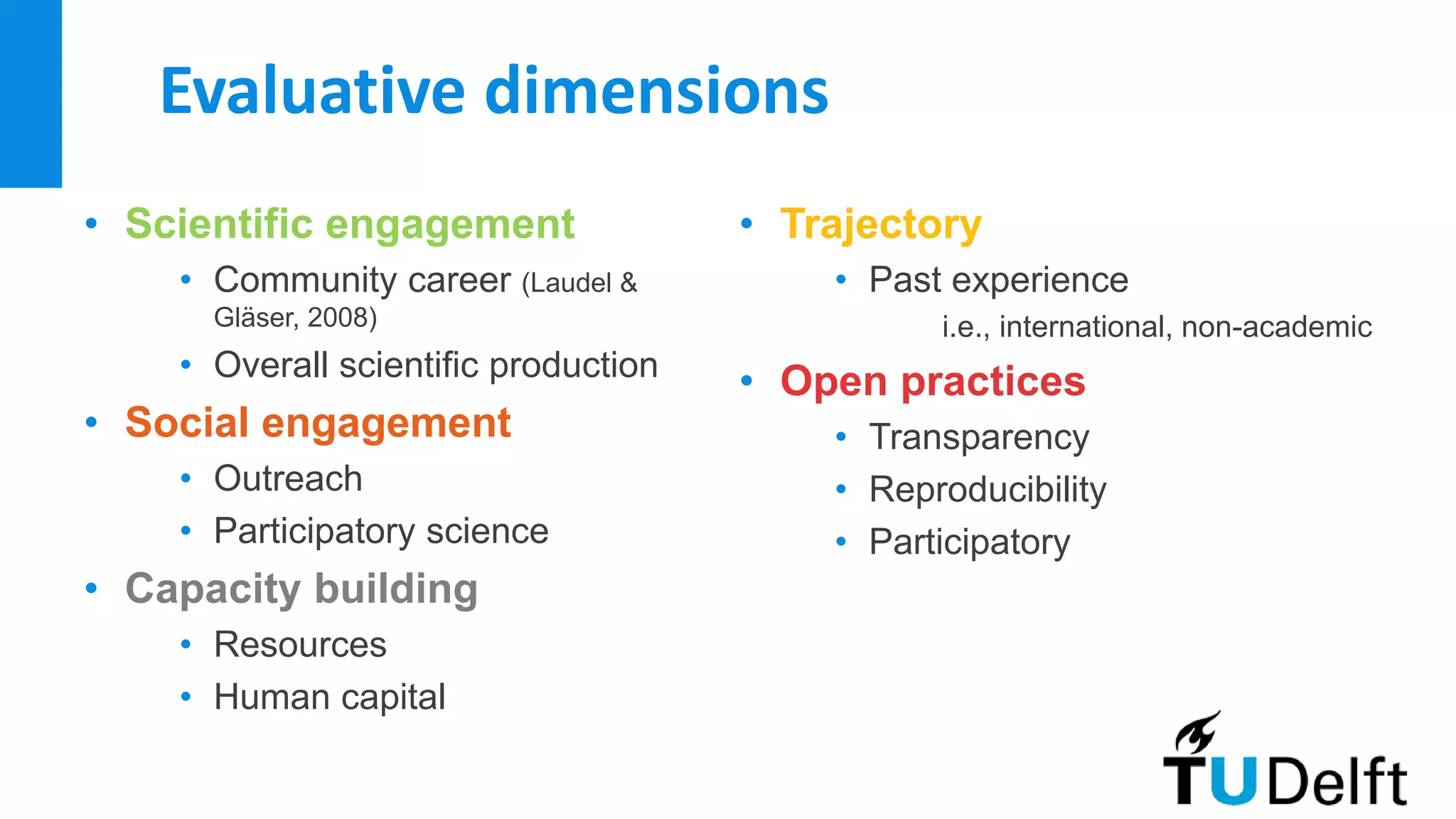 Evaluative dimensions
• Scientific engagement
• Community career (Laudel &
Gläser, 2008)
• Overall scientific production
• Social engagement
• Outreach
• Participatory science
• Capacity building
• Resources
• Human capital
• Trajectory
• Past experience
i.e., international, non-academic
• Open practices
• Transparency
• Reproducibility
• Participatory
 