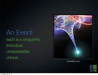 An Event
          each is a singularity:
          individual;
          unrepeatable;
          unique.
                                   mondolithic.com




Thursday, July 12, 12
 