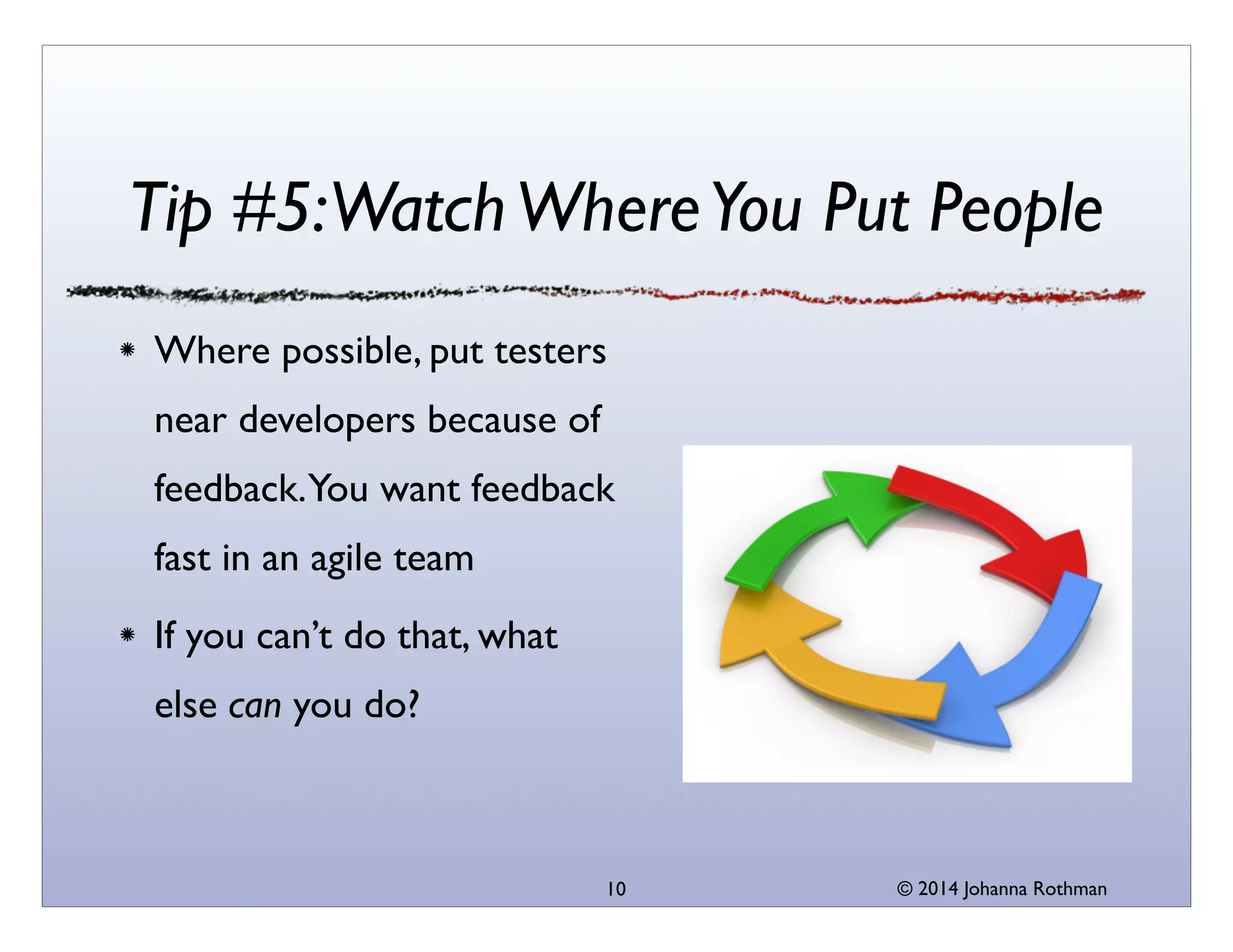 © 2014 Johanna Rothman
Tip #5:WatchWhereYou Put People
Where possible, put testers
near developers because of
feedback.You want feedback
fast in an agile team	

If you can’t do that, what
else can you do?
10
 