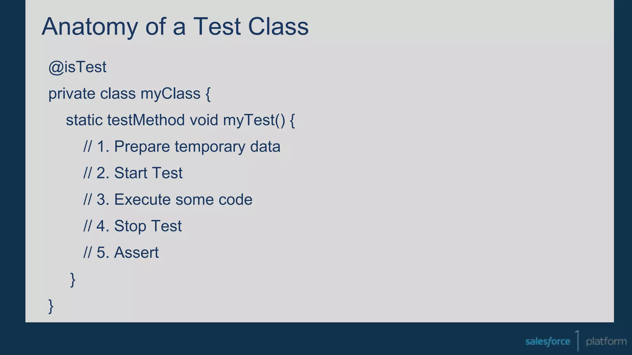 Anatomy of a Test Class
@isTest
private class myClass {
static testMethod void myTest() {
// 1. Prepare temporary data
// 2. Start Test
// 3. Execute some code
// 4. Stop Test
// 5. Assert
}
}
 