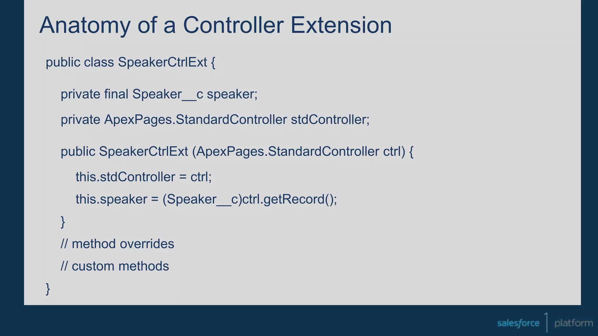 Anatomy of a Controller Extension
public class SpeakerCtrlExt {
private final Speaker__c speaker;
private ApexPages.StandardController stdController;
public SpeakerCtrlExt (ApexPages.StandardController ctrl) {
this.stdController = ctrl;
this.speaker = (Speaker__c)ctrl.getRecord();
}
// method overrides
// custom methods
}
 
