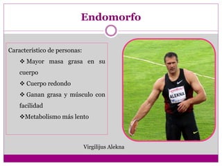 Endomorfo
Característico de personas:
 Mayor masa grasa en su
cuerpo
 Cuerpo redondo
 Ganan grasa y músculo con
facilidad
Metabolismo más lento
Virgilijus Alekna
 