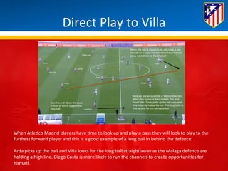 Direct 
Play 
to 
Villa 
When 
Atle*co 
Madrid 
players 
have 
*me 
to 
look 
up 
and 
play 
a 
pass 
they 
will 
look 
to 
play 
to 
the 
furthest 
forward 
player 
and 
this 
is 
a 
good 
example 
of 
a 
long 
ball 
in 
behind 
the 
defence. 
Arda 
picks 
up 
the 
ball 
and 
Villa 
looks 
for 
the 
long 
ball 
straight 
away 
as 
the 
Malaga 
defence 
are 
holding 
a 
high 
line. 
Diego 
Costa 
is 
more 
likely 
to 
run 
the 
channels 
to 
create 
opportuni*es 
for 
himself. 
 
