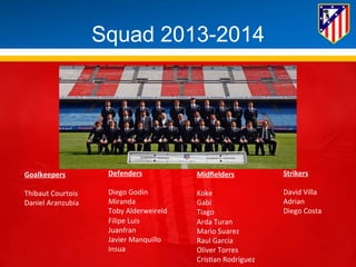Squad 2013-2014 
Goalkeepers 
Thibaut 
Courtois 
Daniel 
Aranzubia 
Defenders 
Diego 
Godin 
Miranda 
Toby 
Alderweireld 
Filipe 
Luis 
Juanfran 
Javier 
Manquillo 
Insua 
Midfielders 
Koke 
Gabi 
Tiago 
Arda 
Turan 
Mario 
Suarez 
Raul 
Garcia 
Oliver 
Torres 
Cris*an 
Rodriguez 
Strikers 
David 
Villa 
Adrian 
Diego 
Costa 
 