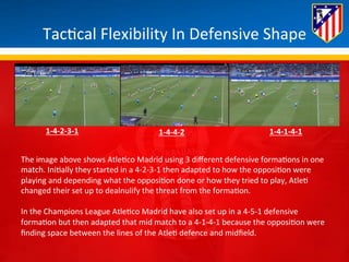 Tac*cal 
Flexibility 
In 
Defensive 
Shape 
1-­‐4-­‐2-­‐3-­‐1 
1-­‐4-­‐4-­‐2 
1-­‐4-­‐1-­‐4-­‐1 
The 
image 
above 
shows 
Atle*co 
Madrid 
using 
3 
different 
defensive 
forma*ons 
in 
one 
match. 
Ini*ally 
they 
started 
in 
a 
4-­‐2-­‐3-­‐1 
then 
adapted 
to 
how 
the 
opposi*on 
were 
playing 
and 
depending 
what 
the 
opposi*on 
done 
or 
how 
they 
tried 
to 
play, 
Atle* 
changed 
their 
set 
up 
to 
dealnulify 
the 
threat 
from 
the 
forma*on. 
In 
the 
Champions 
League 
Atle*co 
Madrid 
have 
also 
set 
up 
in 
a 
4-­‐5-­‐1 
defensive 
forma*on 
but 
then 
adapted 
that 
mid 
match 
to 
a 
4-­‐1-­‐4-­‐1 
because 
the 
opposi*on 
were 
finding 
space 
between 
the 
lines 
of 
the 
Atle* 
defence 
and 
midfield. 
 