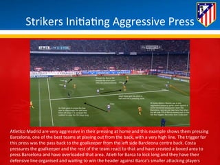 Strikers 
Ini*a*ng 
Aggressive 
Press 
Atle*co 
Madrid 
are 
very 
aggressive 
in 
their 
pressing 
at 
home 
and 
this 
example 
shows 
them 
pressing 
Barcelona, 
one 
of 
the 
best 
teams 
at 
playing 
out 
from 
the 
back, 
with 
a 
very 
high 
line. 
The 
trigger 
for 
this 
press 
was 
the 
pass 
back 
to 
the 
goalkeeper 
from 
the 
leH 
side 
Barcleona 
centre 
back. 
Costa 
pressures 
the 
goalkeeper 
and 
the 
rest 
of 
the 
team 
react 
to 
that 
and 
have 
created 
a 
boxed 
area 
to 
press 
Barcelona 
and 
have 
overloaded 
that 
area. 
Atle* 
for 
Barca 
to 
kick 
long 
and 
they 
have 
their 
defensive 
line 
organised 
and 
wai*ng 
to 
win 
the 
header 
against 
Barca’s 
smaller 
aBacking 
players 
 
