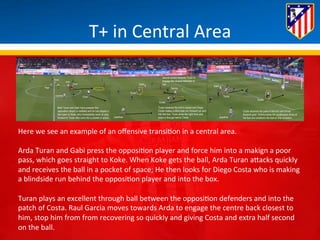 T+ 
in 
Central 
Area 
Here 
we 
see 
an 
example 
of 
an 
offensive 
transi*on 
in 
a 
central 
area. 
Arda 
Turan 
and 
Gabi 
press 
the 
opposi*on 
player 
and 
force 
him 
into 
a 
makign 
a 
poor 
pass, 
which 
goes 
straight 
to 
Koke. 
When 
Koke 
gets 
the 
ball, 
Arda 
Turan 
aBacks 
quickly 
and 
receives 
the 
ball 
in 
a 
pocket 
of 
space; 
He 
then 
looks 
for 
Diego 
Costa 
who 
is 
making 
a 
blindside 
run 
behind 
the 
opposi*on 
player 
and 
into 
the 
box. 
Turan 
plays 
an 
excellent 
through 
ball 
between 
the 
opposi*on 
defenders 
and 
into 
the 
patch 
of 
Costa. 
Raul 
Garcia 
moves 
towards 
Arda 
to 
engage 
the 
centre 
back 
closest 
to 
him, 
stop 
him 
from 
from 
recovering 
so 
quickly 
and 
giving 
Costa 
and 
extra 
half 
second 
on 
the 
ball. 
 