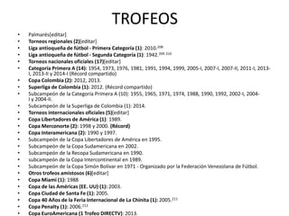 TROFEOS 
• Palmarés[editar] 
• Torneos regionales (2)[editar] 
• Liga antioqueña de fútbol - Primera Categoría (1): 2010.208 
• Liga antioqueña de fútbol - Segunda Categoría (1): 1942.209 210 
• Torneos nacionales oficiales (17)[editar] 
• Categoría Primera A (14): 1954, 1973, 1976, 1981, 1991, 1994, 1999, 2005-I, 2007-I, 2007-II, 2011-I, 2013- 
I, 2013-II y 2014-I (Récord compartido) 
• Copa Colombia (2): 2012, 2013. 
• Superliga de Colombia (1): 2012. (Récord compartido) 
• Subcampeón de la Categoría Primera A (10): 1955, 1965, 1971, 1974, 1988, 1990, 1992, 2002-I, 2004- 
I y 2004-II. 
• Subcampeón de la Superliga de Colombia (1): 2014. 
• Torneos internacionales oficiales (5)[editar] 
• Copa Libertadores de América (1): 1989. 
• Copa Merconorte (2): 1998 y 2000. (Récord) 
• Copa Interamericana (2): 1990 y 1997. 
• Subcampeón de la Copa Libertadores de América en 1995. 
• Subcampeón de la Copa Sudamericana en 2002. 
• Subcampeón de la Recopa Sudamericana en 1990. 
• subcampeón de la Copa Intercontinental en 1989. 
• Subcampeón de la Copa Simón Bolívar en 1971 - Organizado por la Federación Venezolana de Fútbol. 
• Otros trofeos amistosos (6)[editar] 
• Copa Miami (1): 1988 
• Copa de las Américas (EE. UU) (1): 2003. 
• Copa Ciudad de Santa Fe (1): 2005. 
• Copa 40 Años de la Feria Internacional de La Chinita (1): 2005.211 
• Copa Penalty (1): 2006.212 
• Copa EuroAmericana (1 Trofeo DIRECTV): 2013. 
